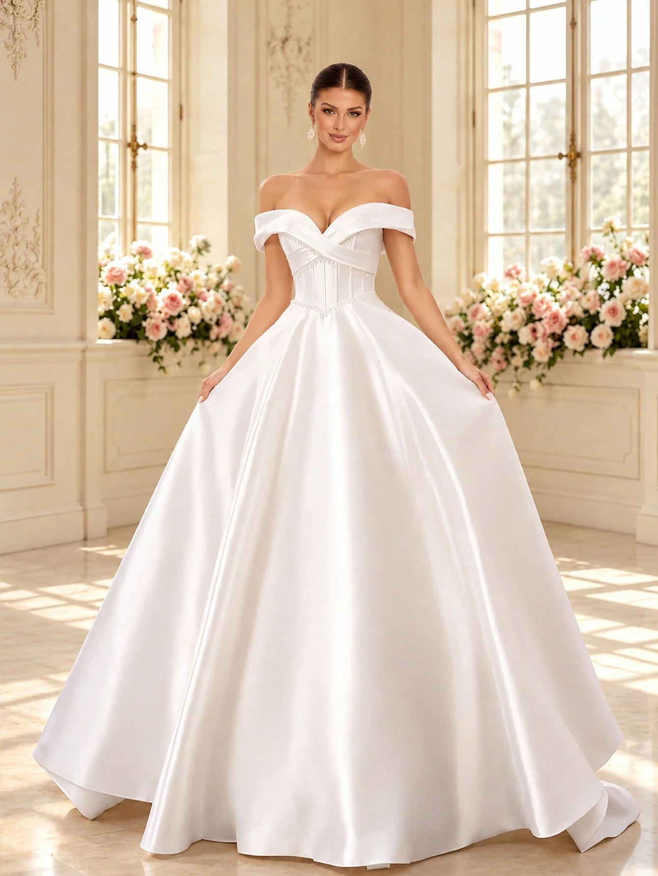 Robe de mariée en soie blanche élégante, encolure cœur sans bretelles, ornements de
