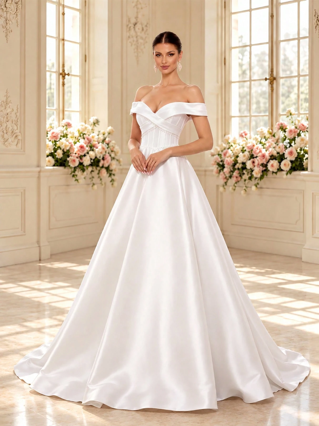 Robe de mariée en soie blanche élégante, encolure cœur sans bretelles, ornements de — vue 3