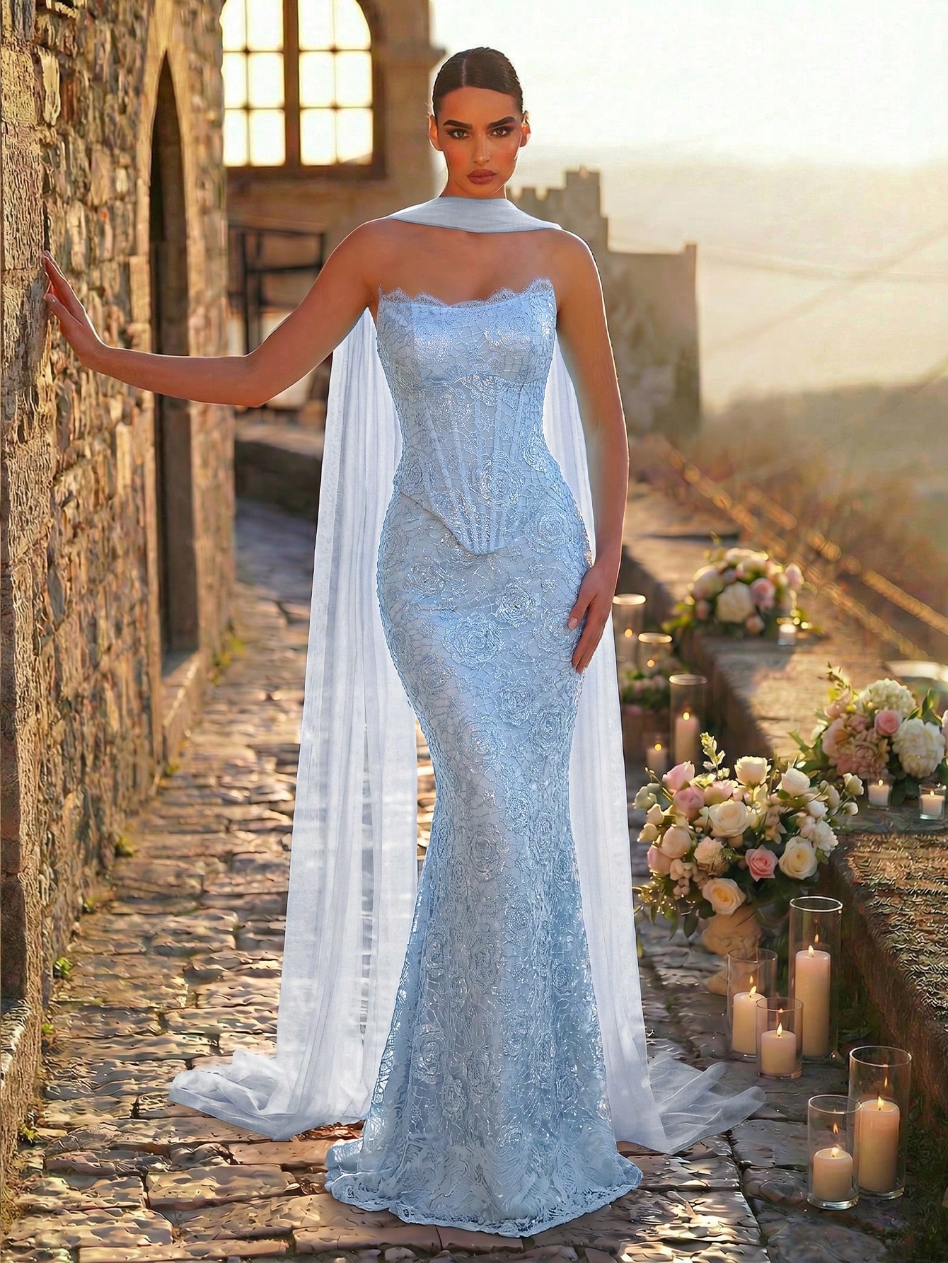 Glamrae Robe de soirée élégante et sexy blanche avec perles et dentelle, col bateau, 2 en — vue 2