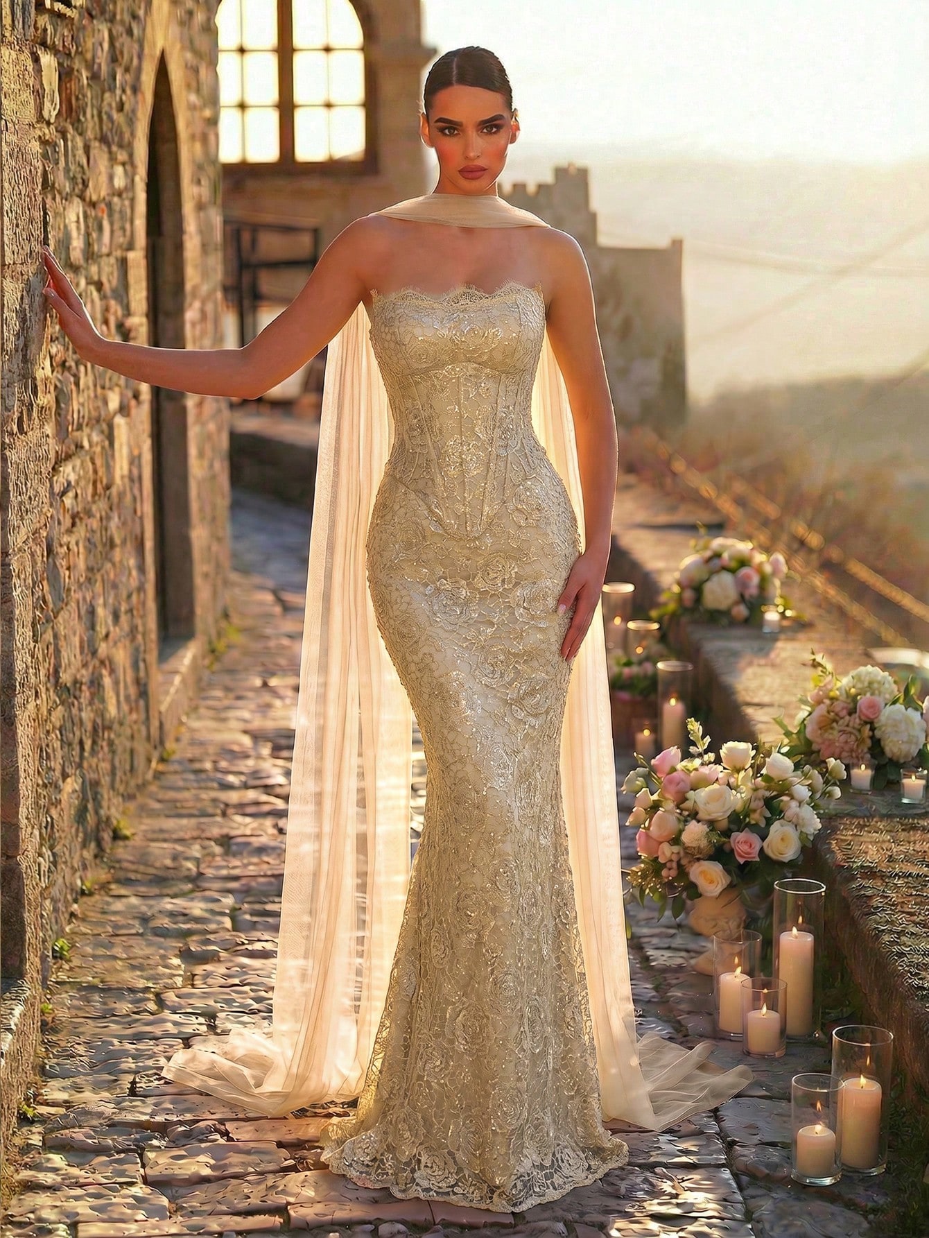 Glamrae Robe de soirée élégante et sexy blanche avec perles et dentelle, col bateau, 2 en — vue 3