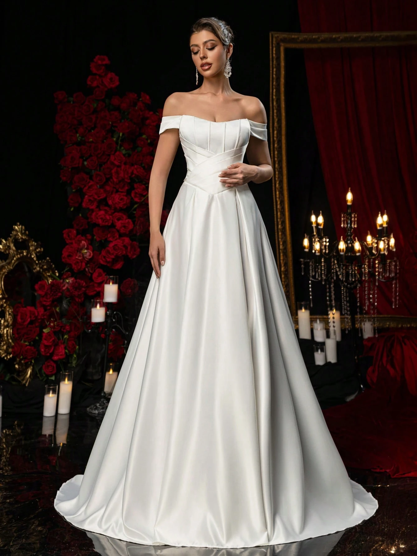 Glamrae Robe de mariée formelle élégante en satin blanc pour l'automne, col marin à — vue 2