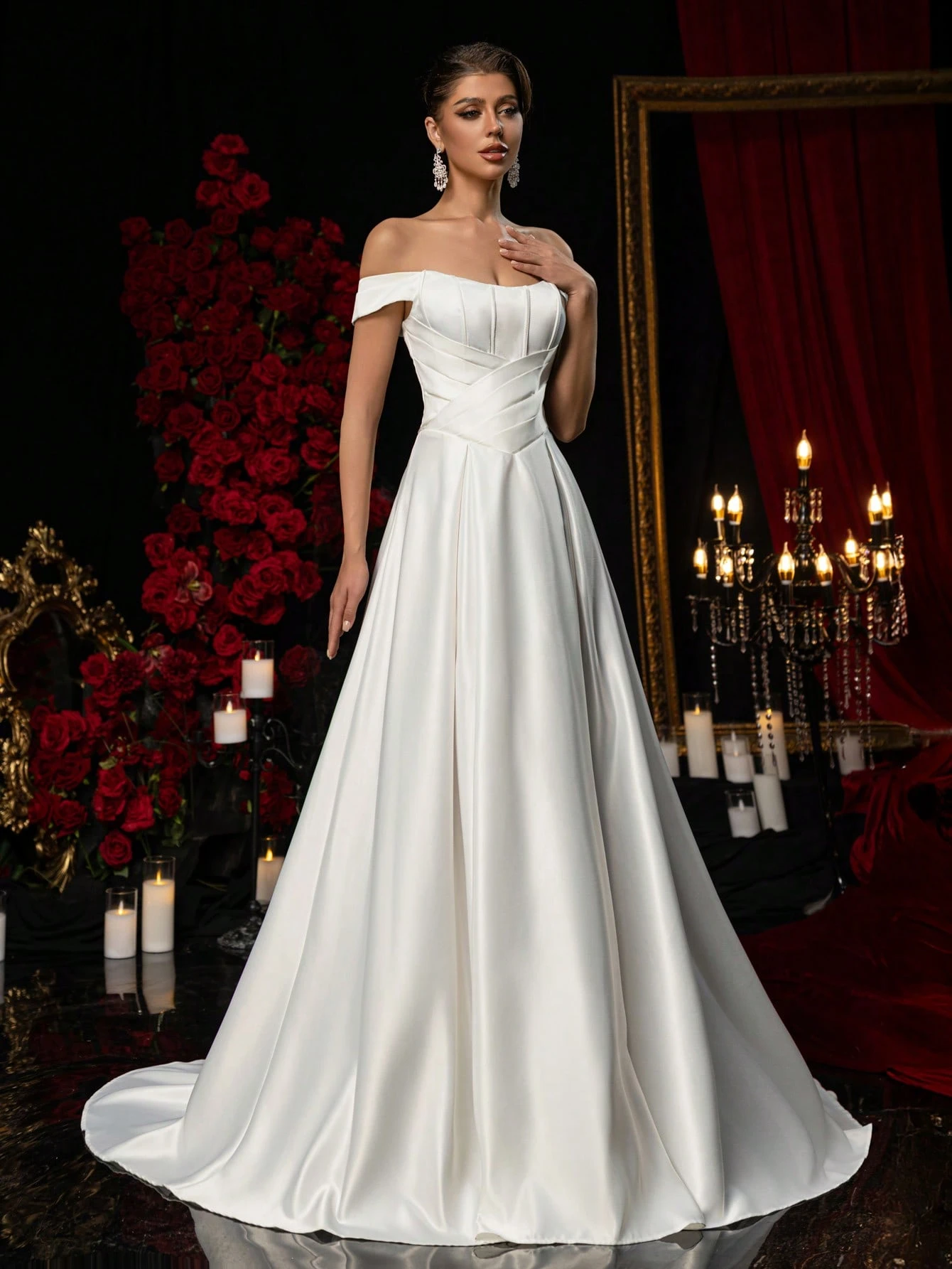 Glamrae Robe de mariée formelle élégante en satin blanc pour l'automne, col marin à — vue 6