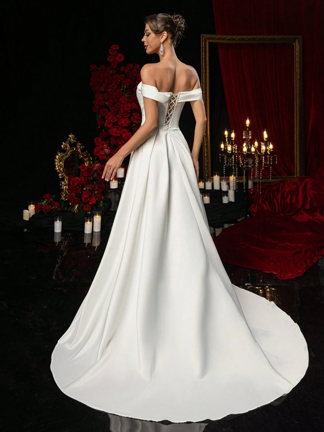 Glamrae Robe de mariée formelle élégante en satin blanc pour l'automne, col marin à — vue 4