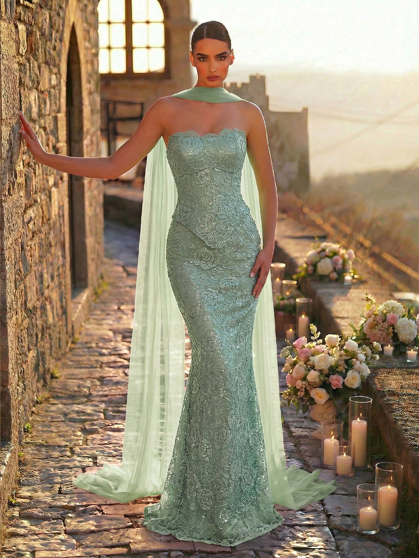 Glamrae Robe de soirée élégante et sexy blanche avec perles et dentelle, col bateau, 2 en — vue 4