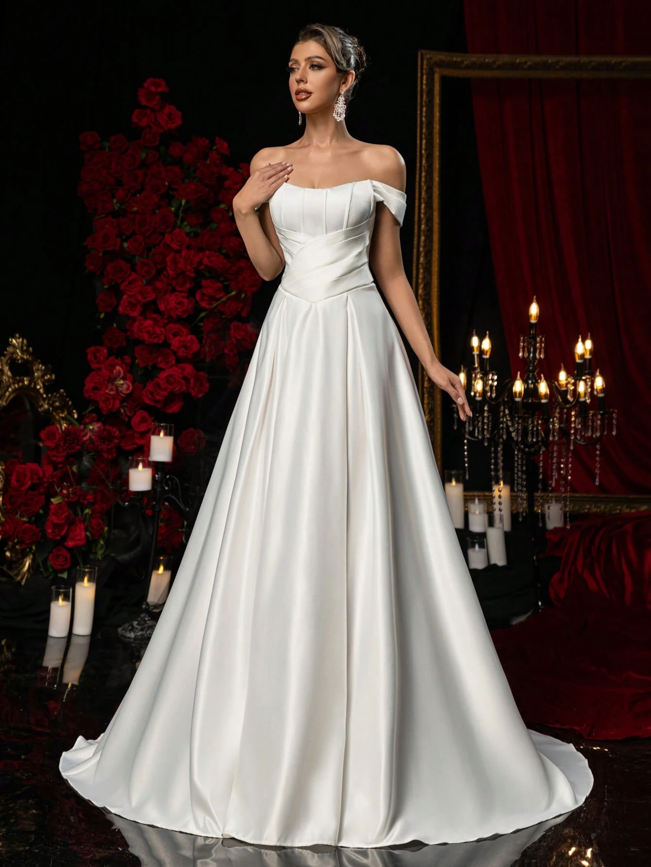 Glamrae Robe de mariée formelle élégante en satin blanc pour l'automne, col marin à — vue 5