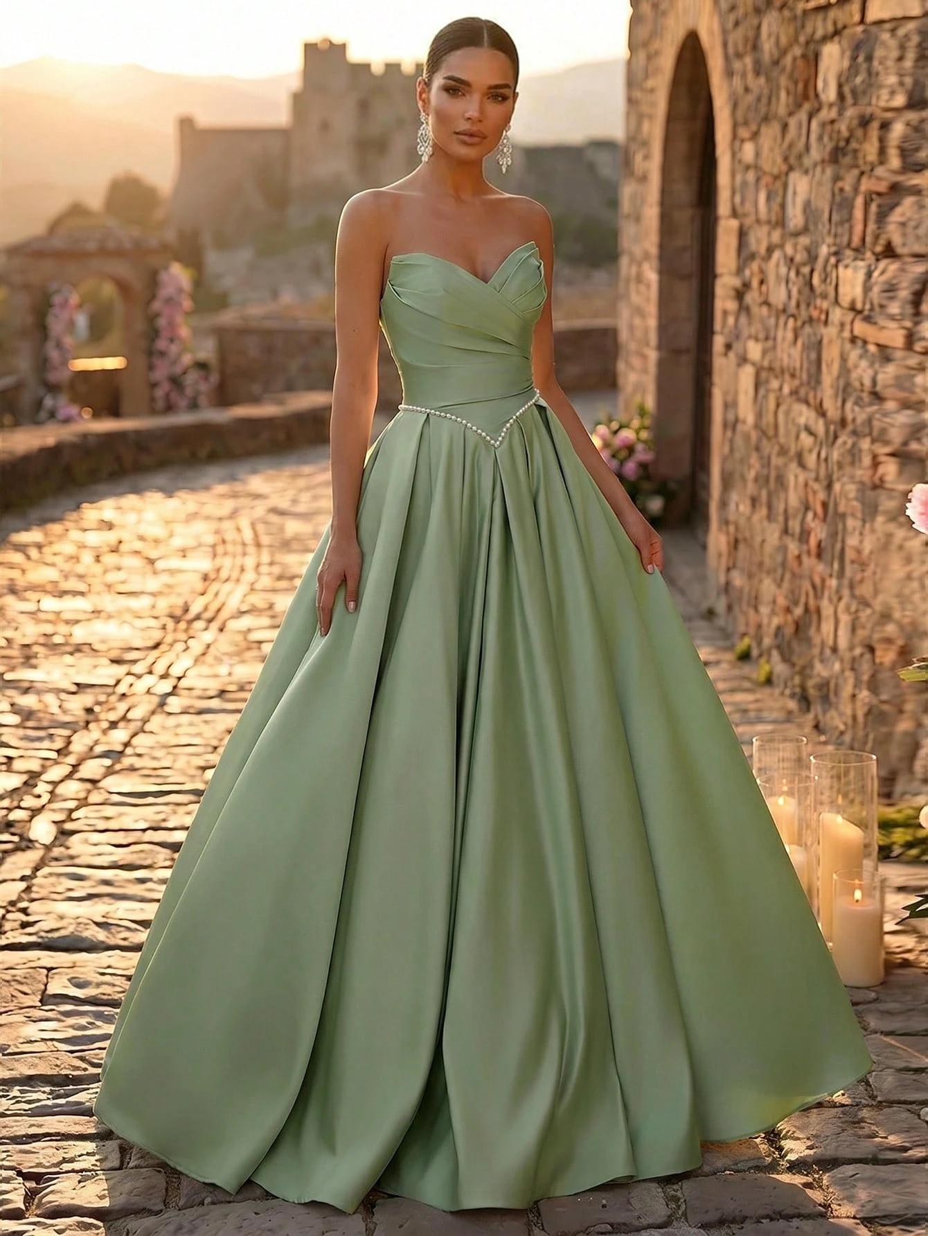 Glamrae Robe élégante et luxueuse en satin plissé avec ourlet extra large, sans — vue 2