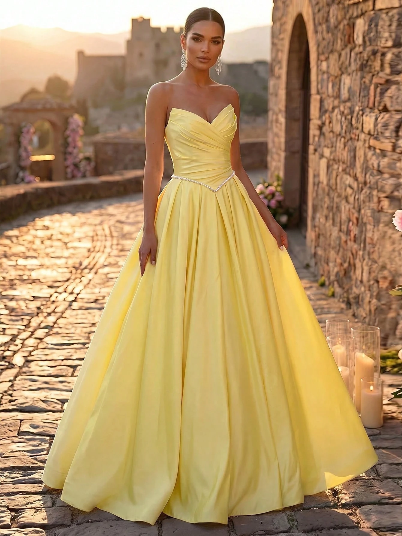 Glamrae Robe élégante et luxueuse en satin plissé avec ourlet extra large, sans — vue 3