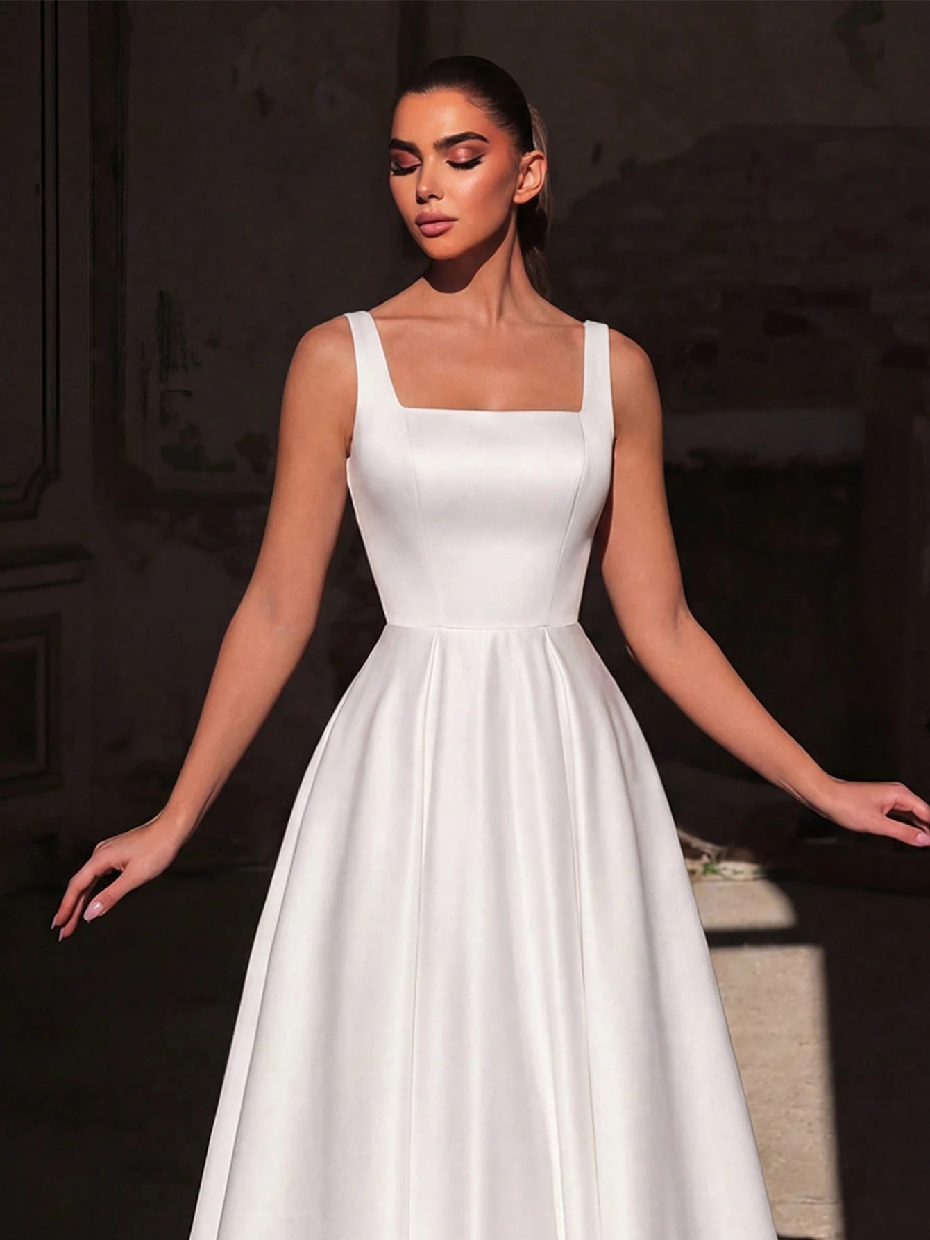 Elasola Robe de soirée longue sans manches vert jade élégante, en tissu satin non