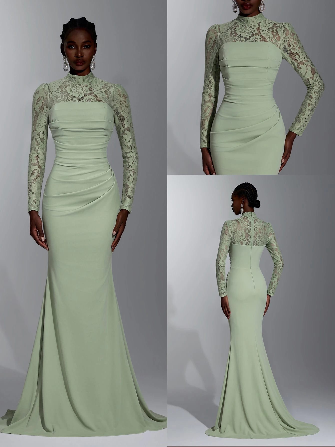 Elitara Robe longue élégante et luxueuse en dentelle transparente, col rond, manches