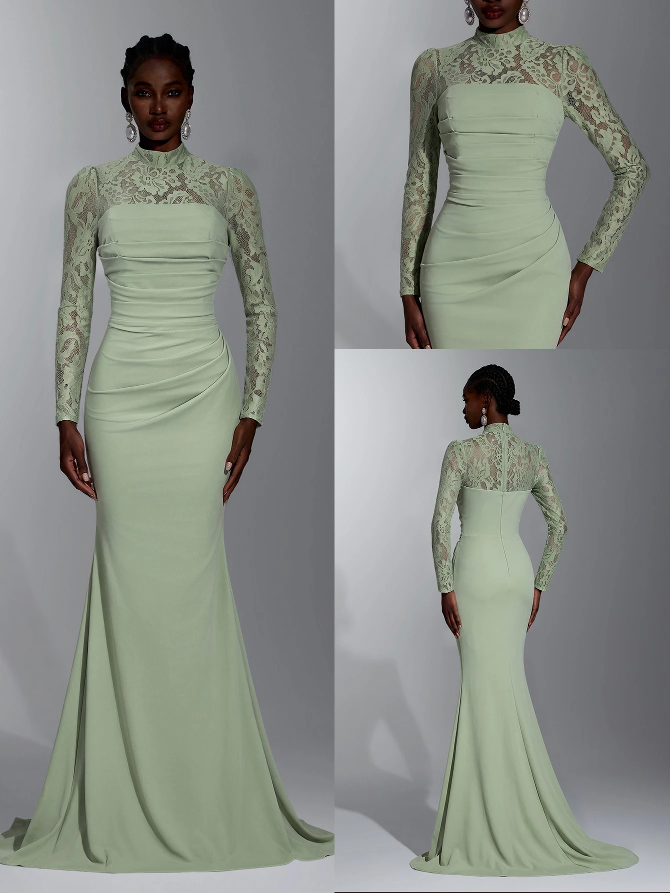 Elitara Robe longue élégante et luxueuse en dentelle transparente, col rond, manches