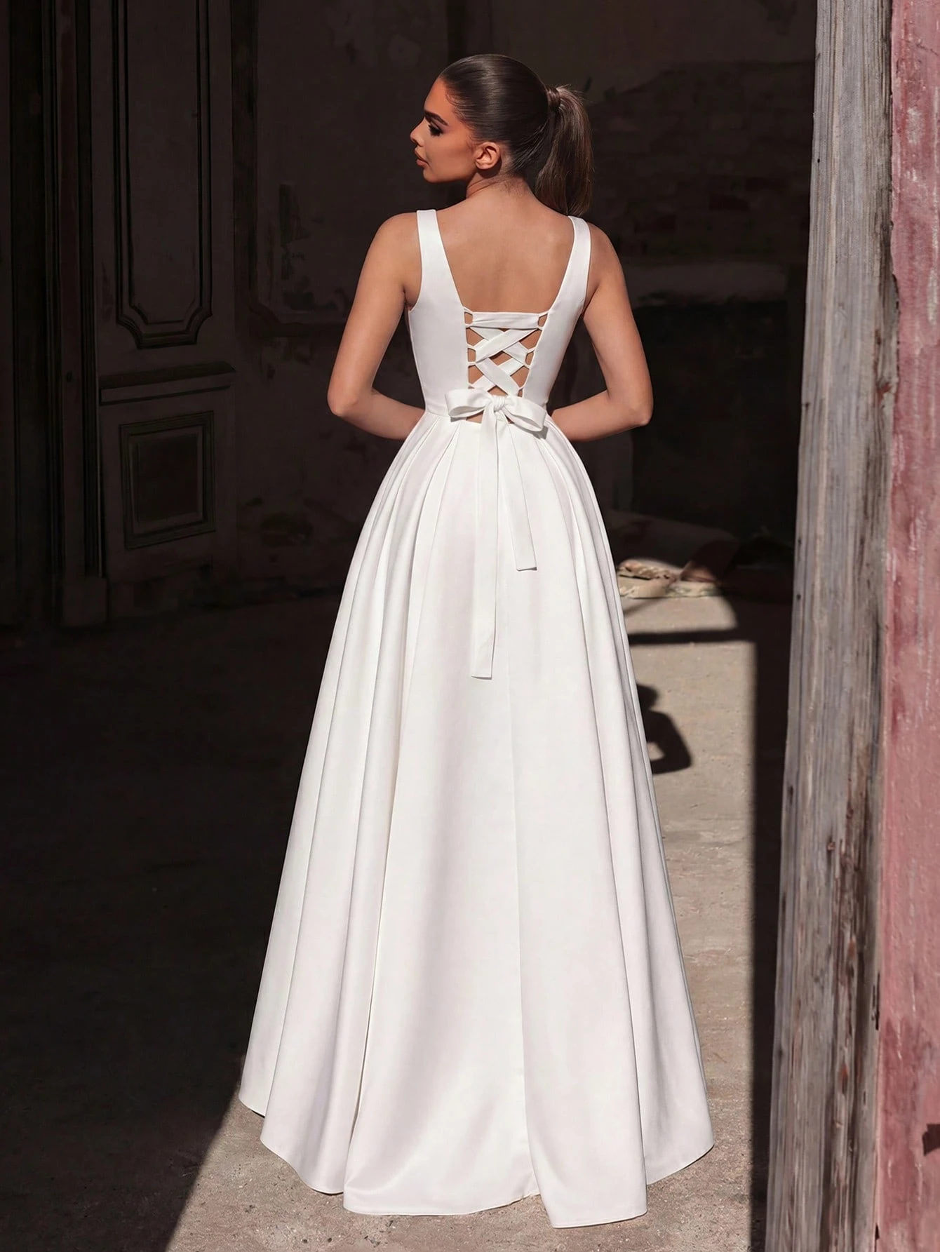 Elasola Robe de soirée longue sans manches vert jade élégante, en tissu satin non — vue 2
