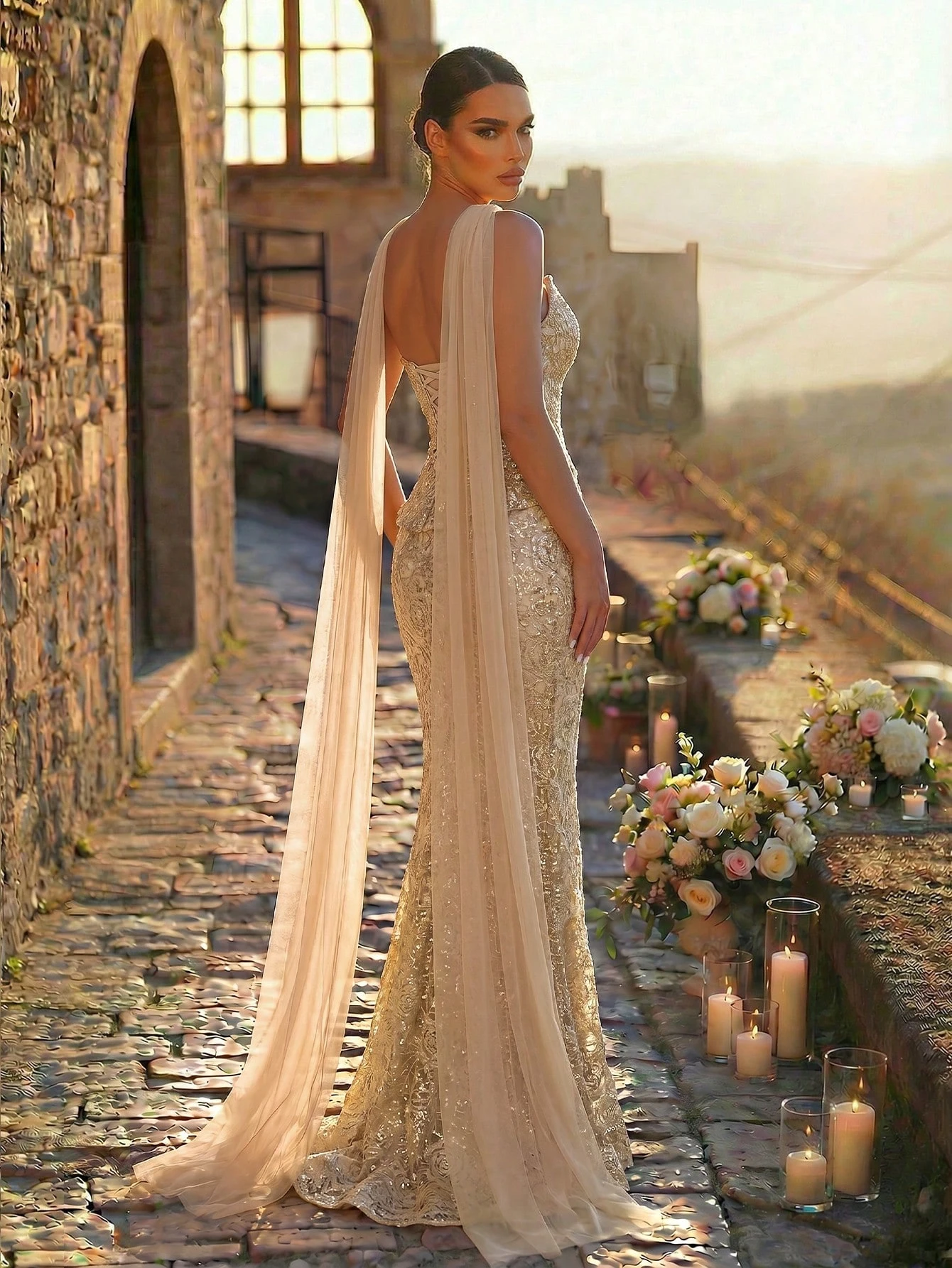 Glamrae Robe de soirée élégante et sexy blanche avec perles et dentelle, col bateau, 2 en — vue 10