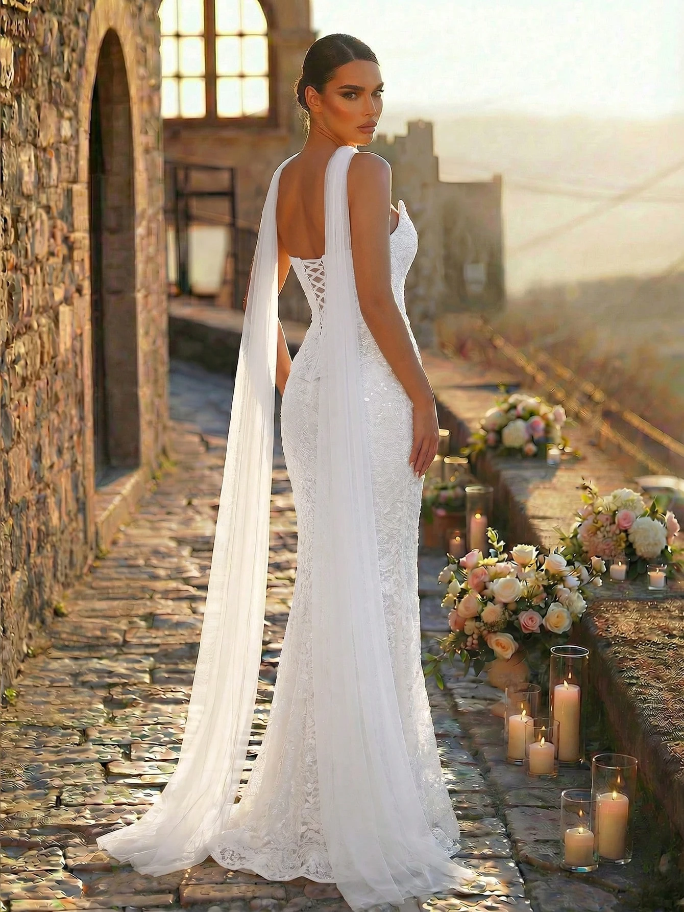 Glamrae Robe de soirée élégante et sexy blanche avec perles et dentelle, col bateau, 2 en — vue 7