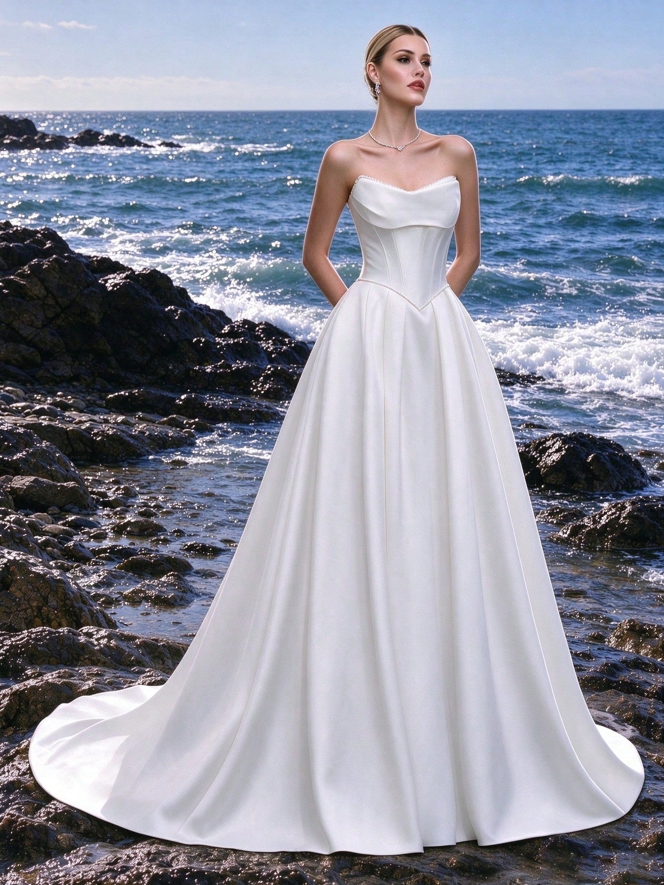 Satin, Épaules Dénudées, Lacets, Traîne, Robe Trapèze, Mariage à l'Église, Mariage au