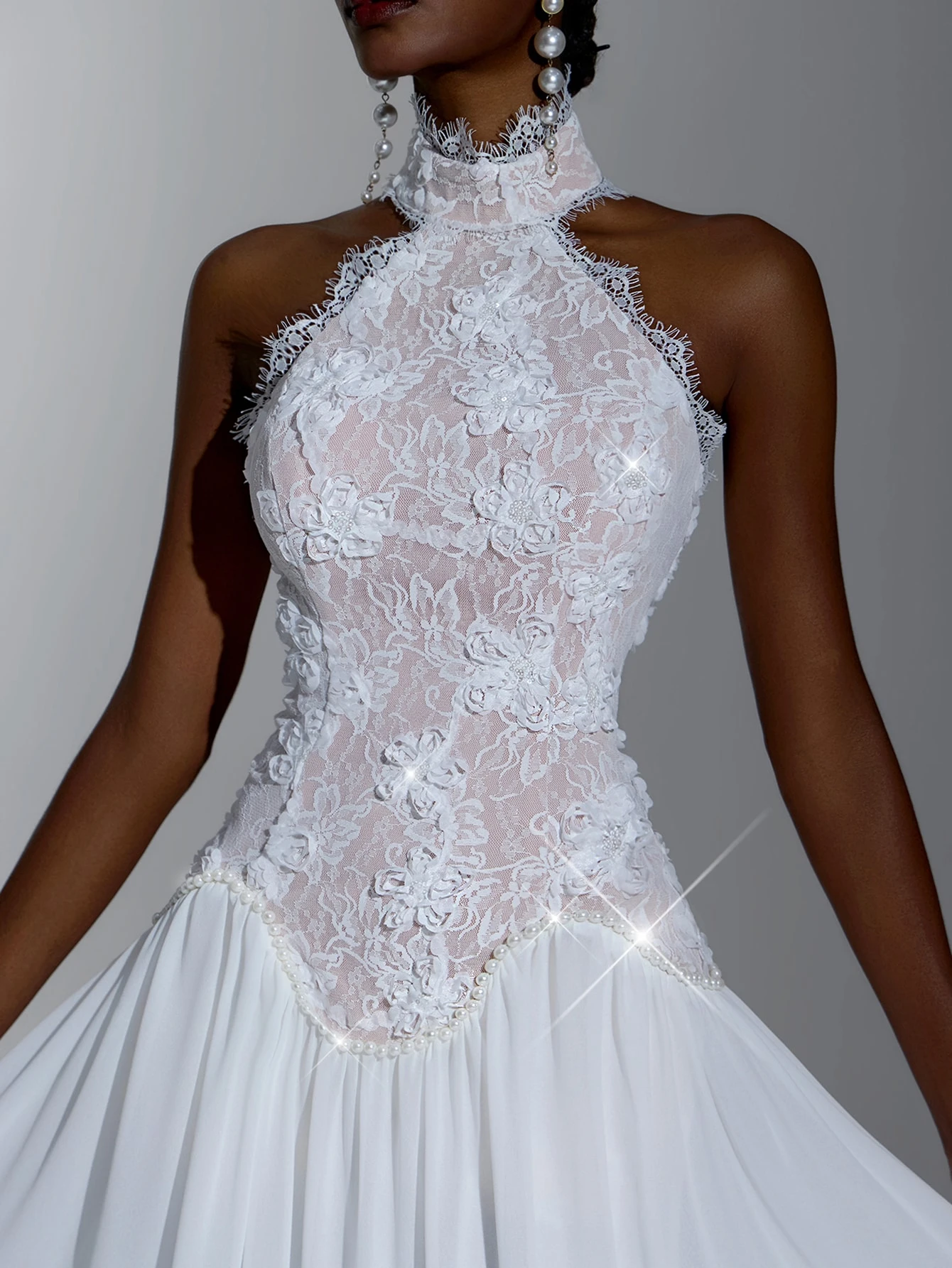 Elitara Robe de mariée élégante blanche avec sequins, dentelle et applique, col montant — vue 2