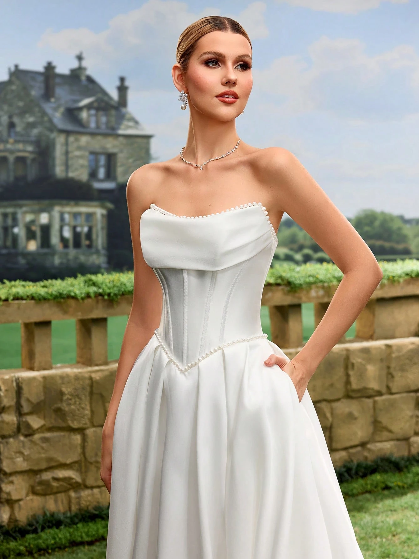 Satin, Épaules Dénudées, Lacets, Traîne, Robe Trapèze, Mariage à l'Église, Mariage au — vue 5