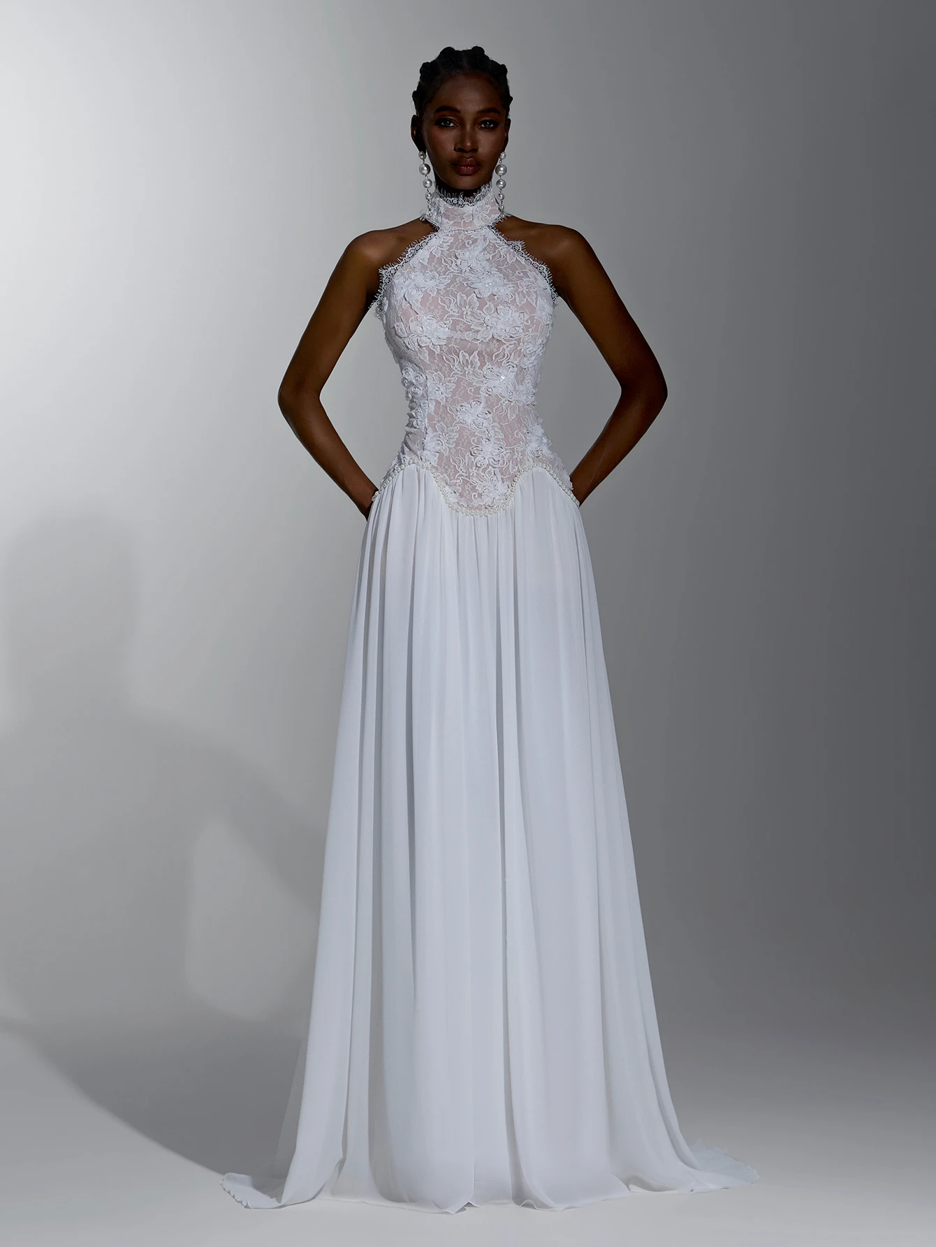 Elitara Robe de mariée élégante blanche avec sequins, dentelle et applique, col montant — vue 5