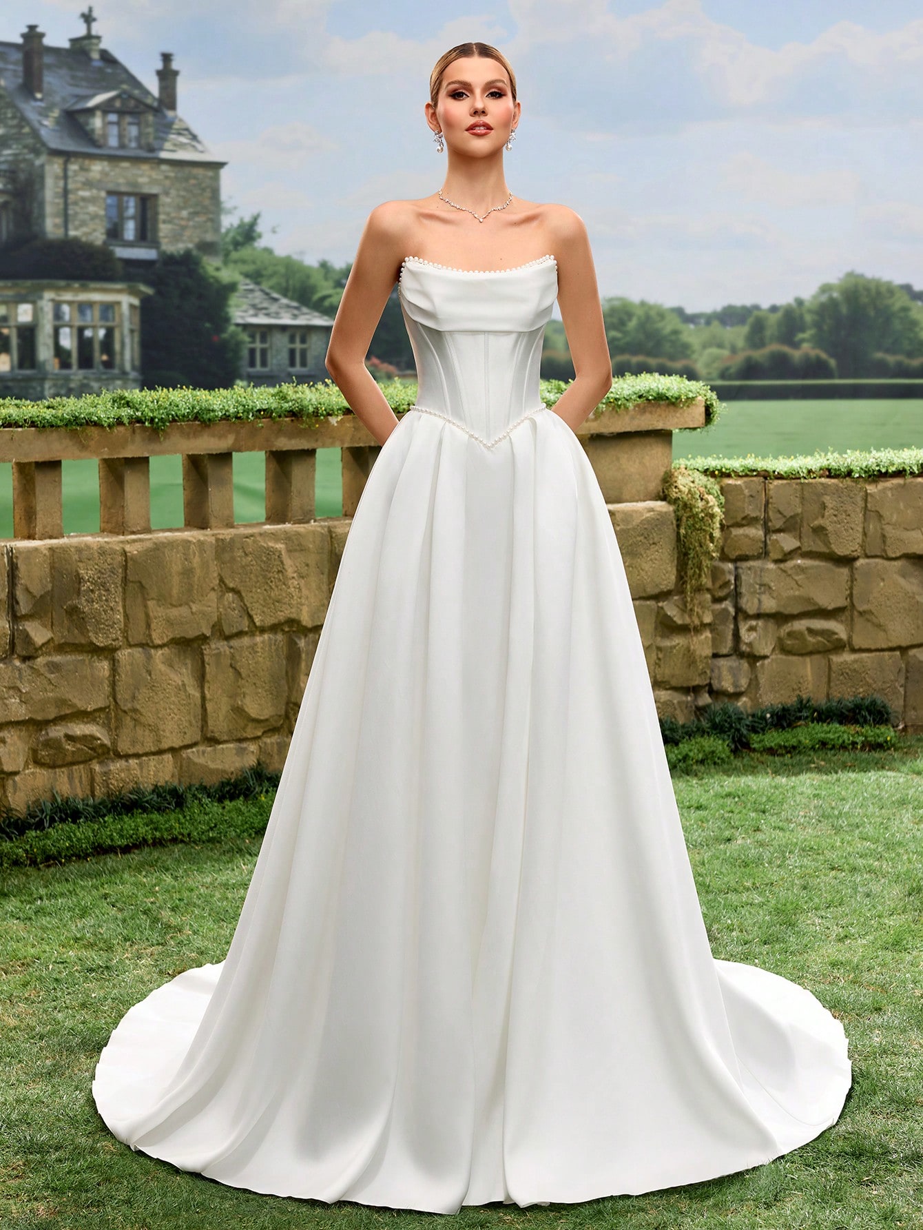Satin, Épaules Dénudées, Lacets, Traîne, Robe Trapèze, Mariage à l'Église, Mariage au — vue 6