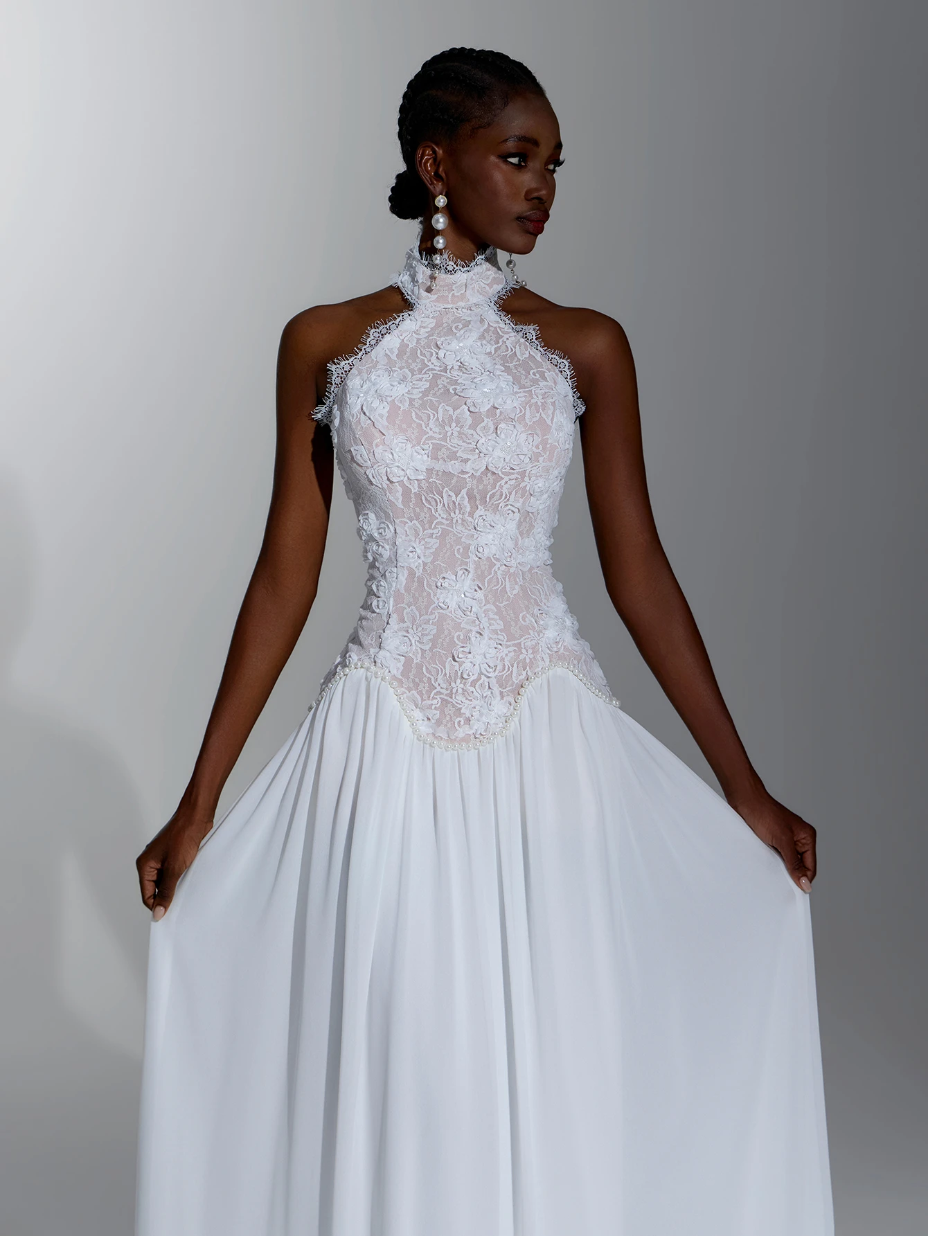 Elitara Robe de mariée élégante blanche avec sequins, dentelle et applique, col montant — vue 6