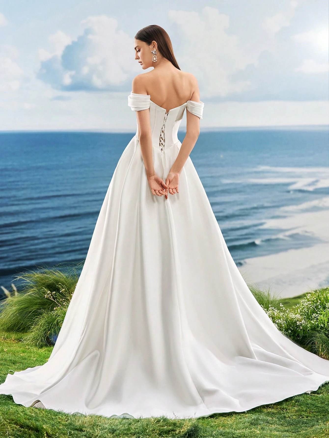 Satin, Épaules Dénudées, Traîne, Robe Trapèze, Mariage à l'Église, Mariage au Manoir, — vue 2