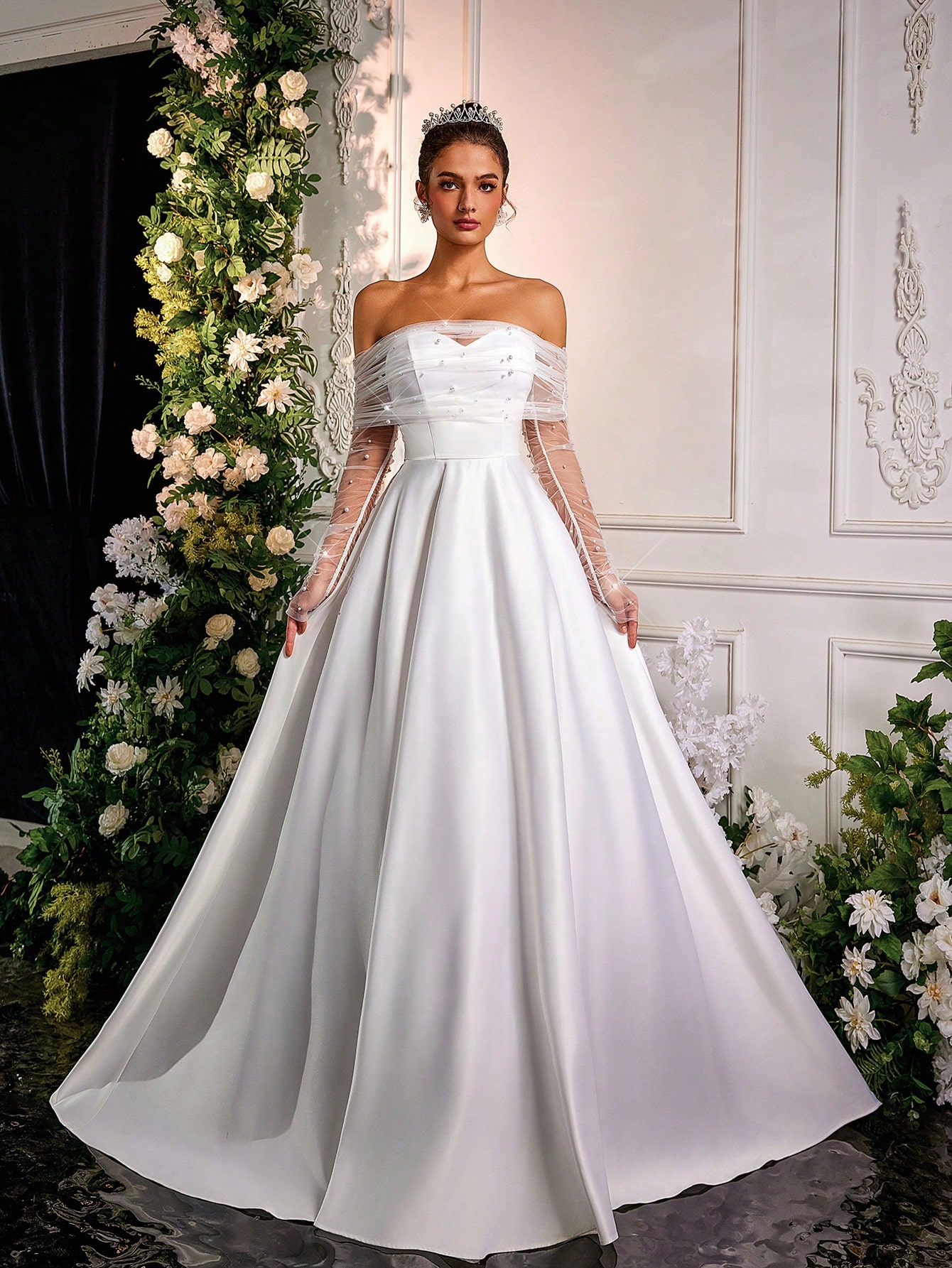 Glamrae Robe de mariée formelle élégante blanche d'automne, robe longue maxi trapèze en