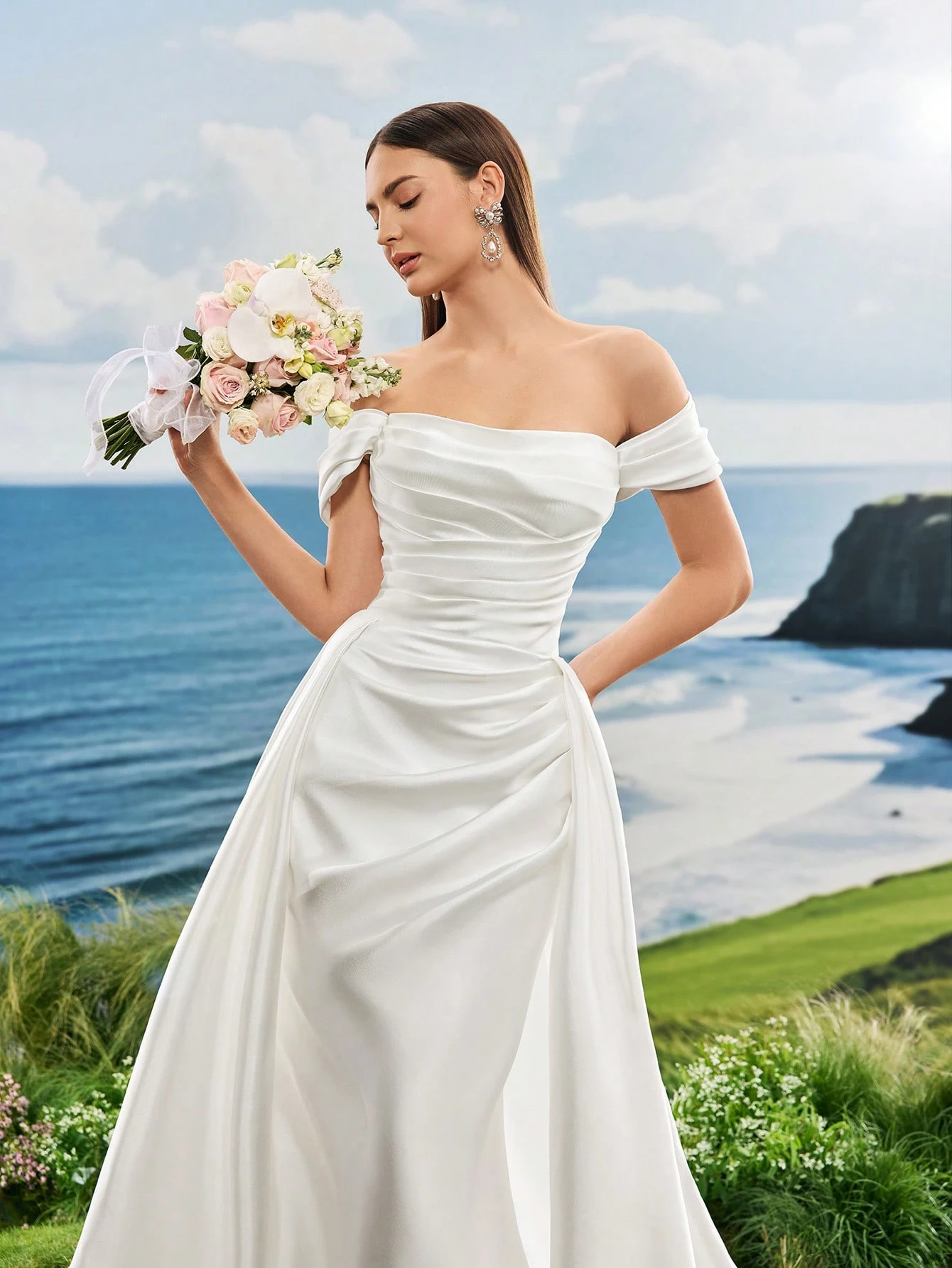 Satin, Épaules Dénudées, Traîne, Robe Trapèze, Mariage à l'Église, Mariage au Manoir, — vue 3