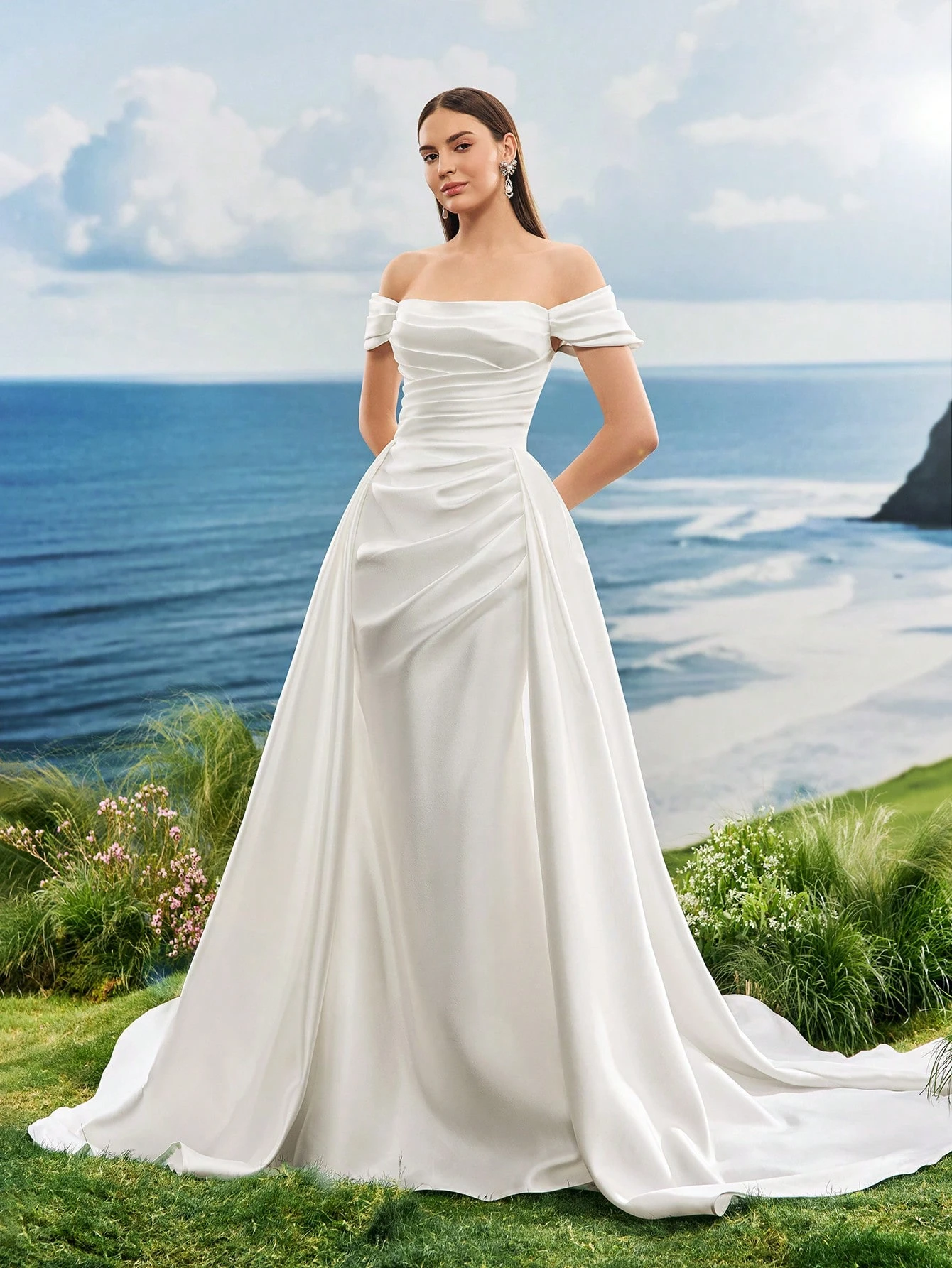 Satin, Épaules Dénudées, Traîne, Robe Trapèze, Mariage à l'Église, Mariage au Manoir, — vue 4