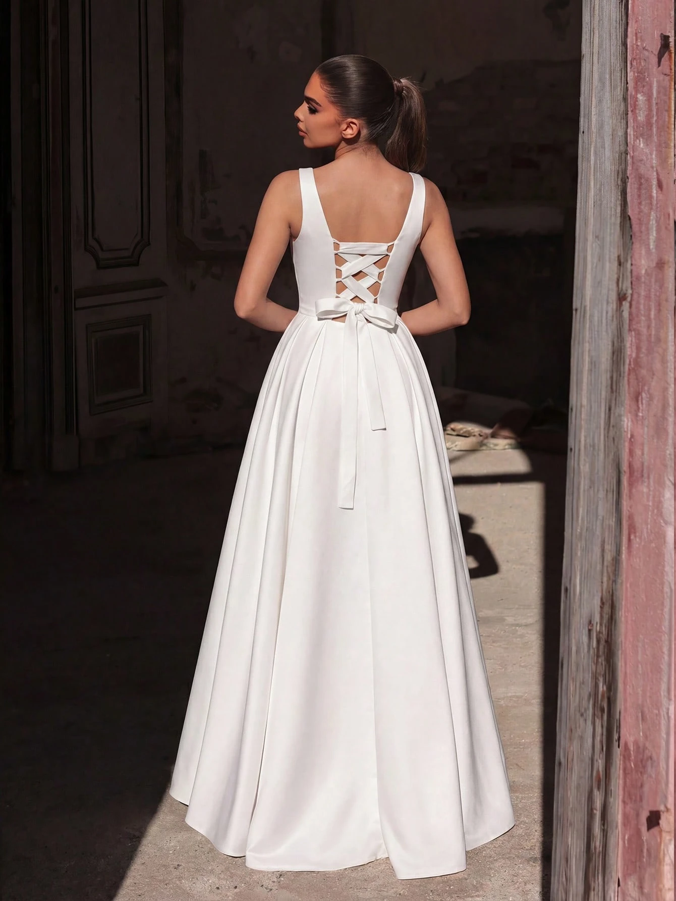 Elasola Robe de soirée longue sans manches vert jade élégante, en tissu satin non — vue 7