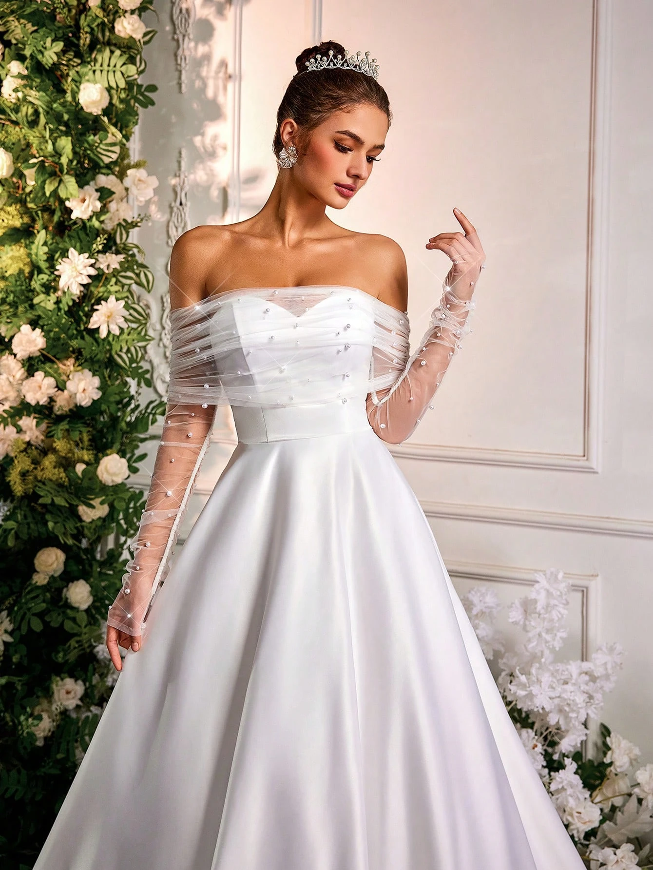 Glamrae Robe de mariée formelle élégante blanche d'automne, robe longue maxi trapèze en — vue 5