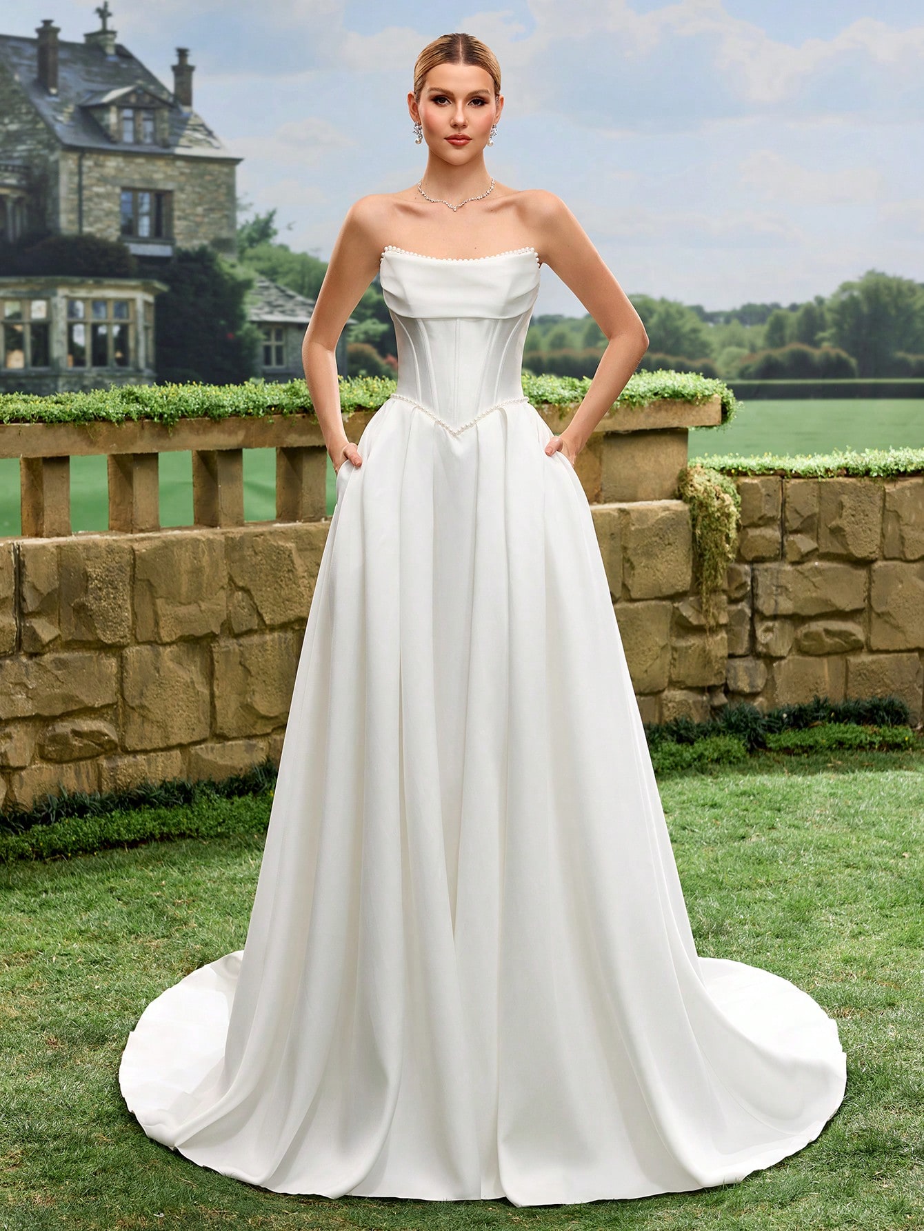 Satin, Épaules Dénudées, Lacets, Traîne, Robe Trapèze, Mariage à l'Église, Mariage au — vue 7
