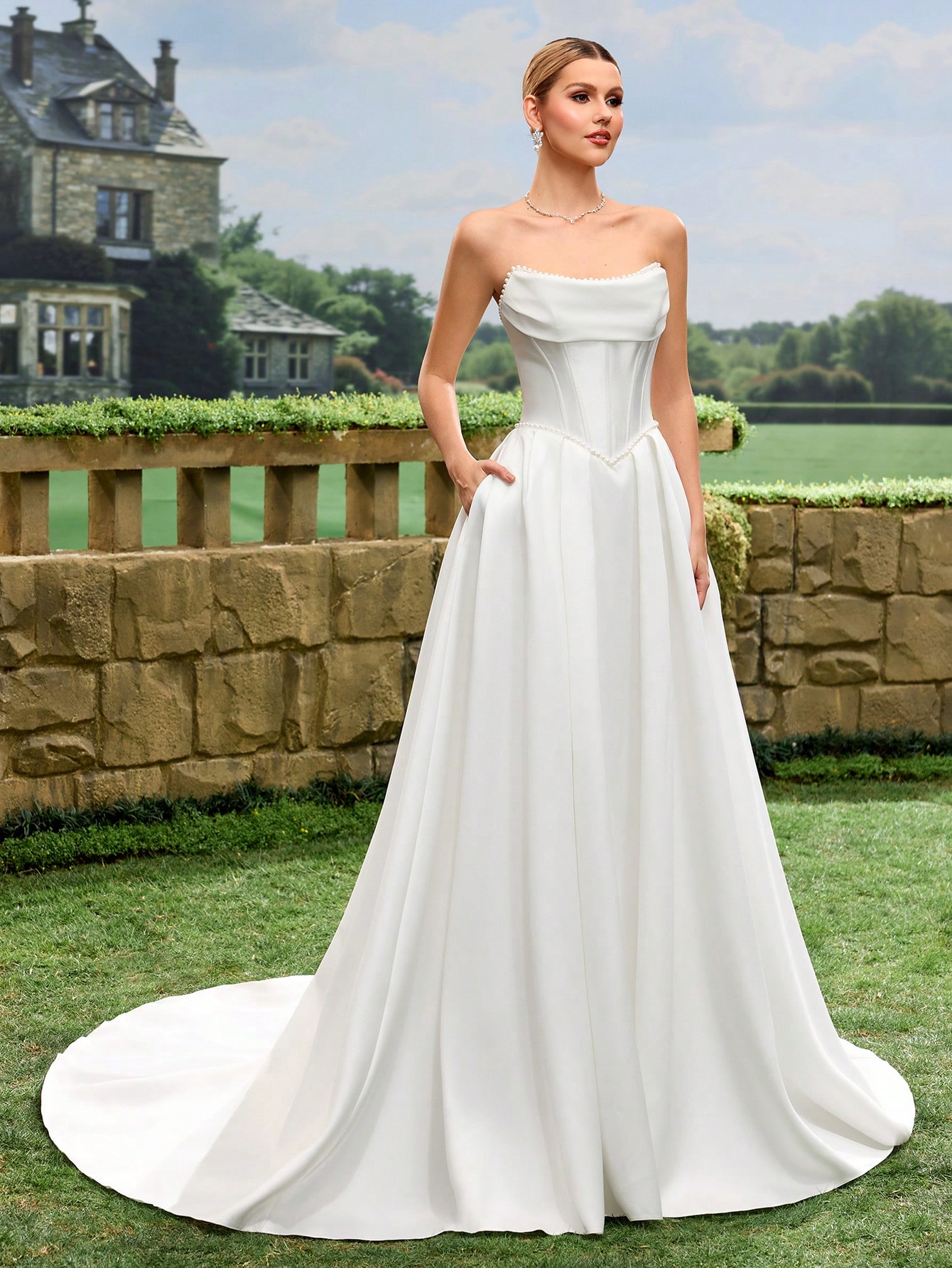 Satin, Épaules Dénudées, Lacets, Traîne, Robe Trapèze, Mariage à l'Église, Mariage au — vue 10