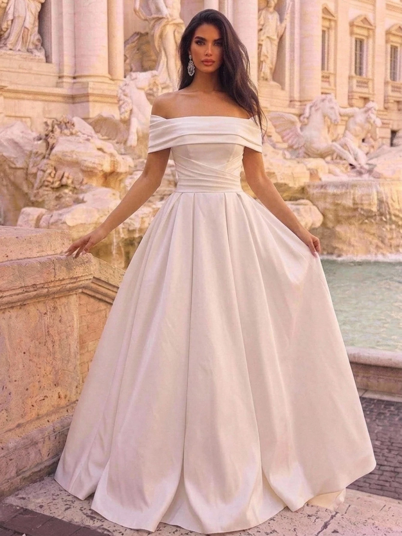 Glamrae Jupe A-line blanche élégante minimaliste en satin brillant, épaules dénudées, — vue 5