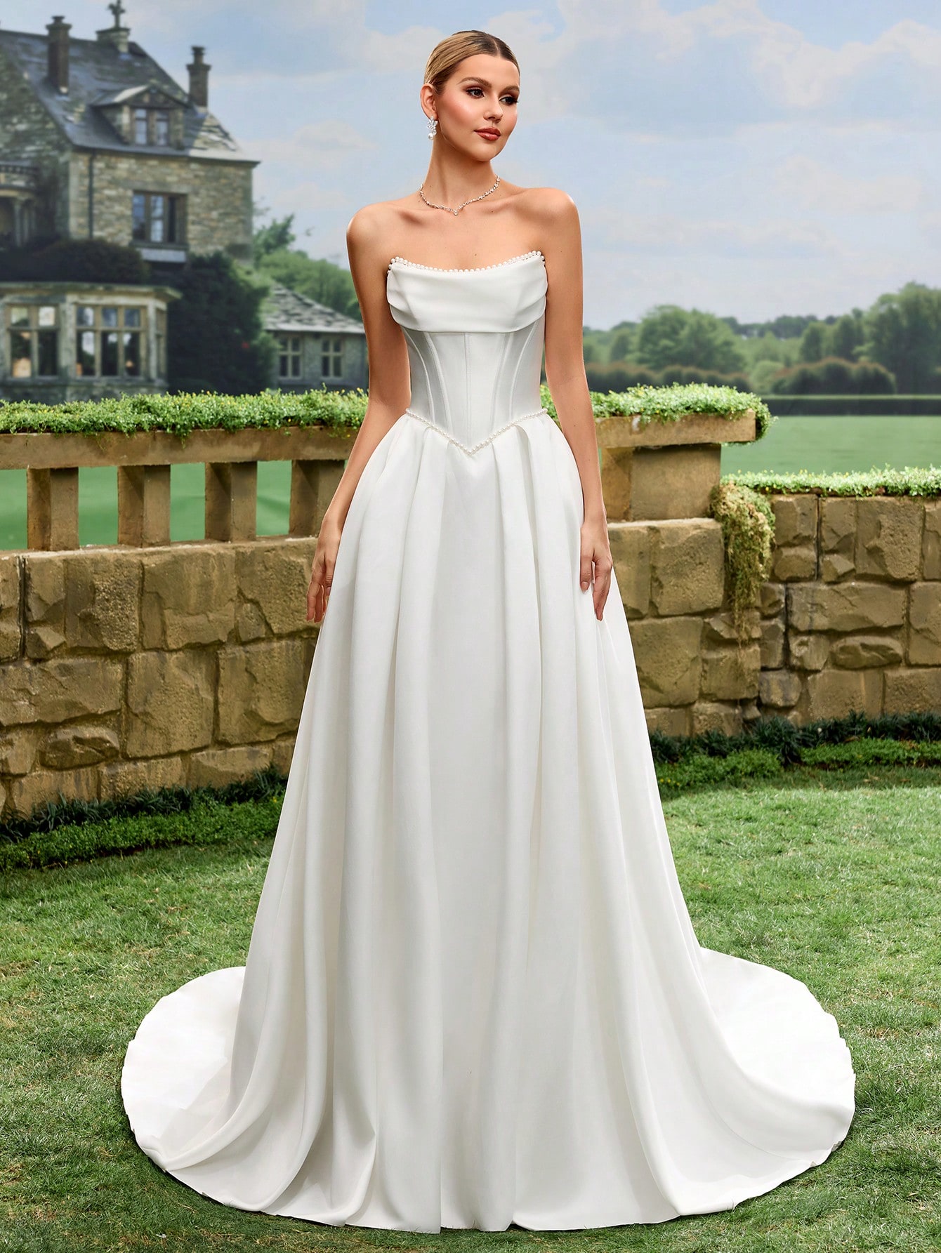 Satin, Épaules Dénudées, Lacets, Traîne, Robe Trapèze, Mariage à l'Église, Mariage au — vue 9