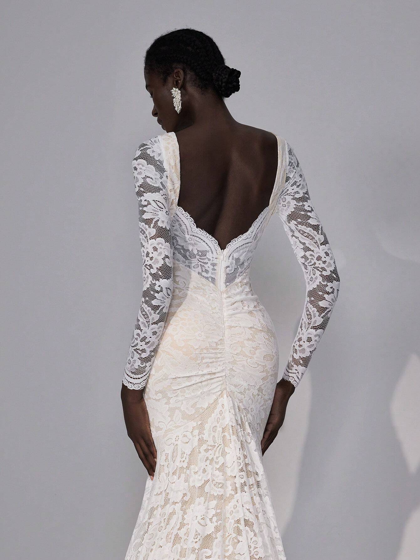 Elitara Robe de mariée élégante et luxueuse à col en V blanc et champagne, en dentelle