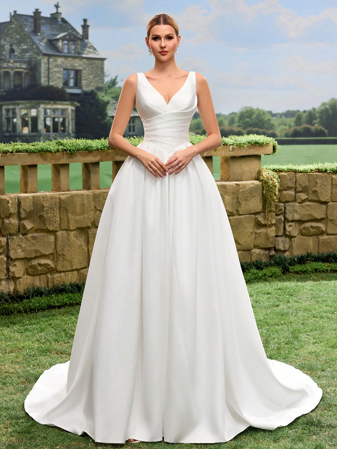 Col en V, Lacets, Satin, Traîne, Robe Trapèze, Mariage à l'église, Mariage au manoir, — vue 3
