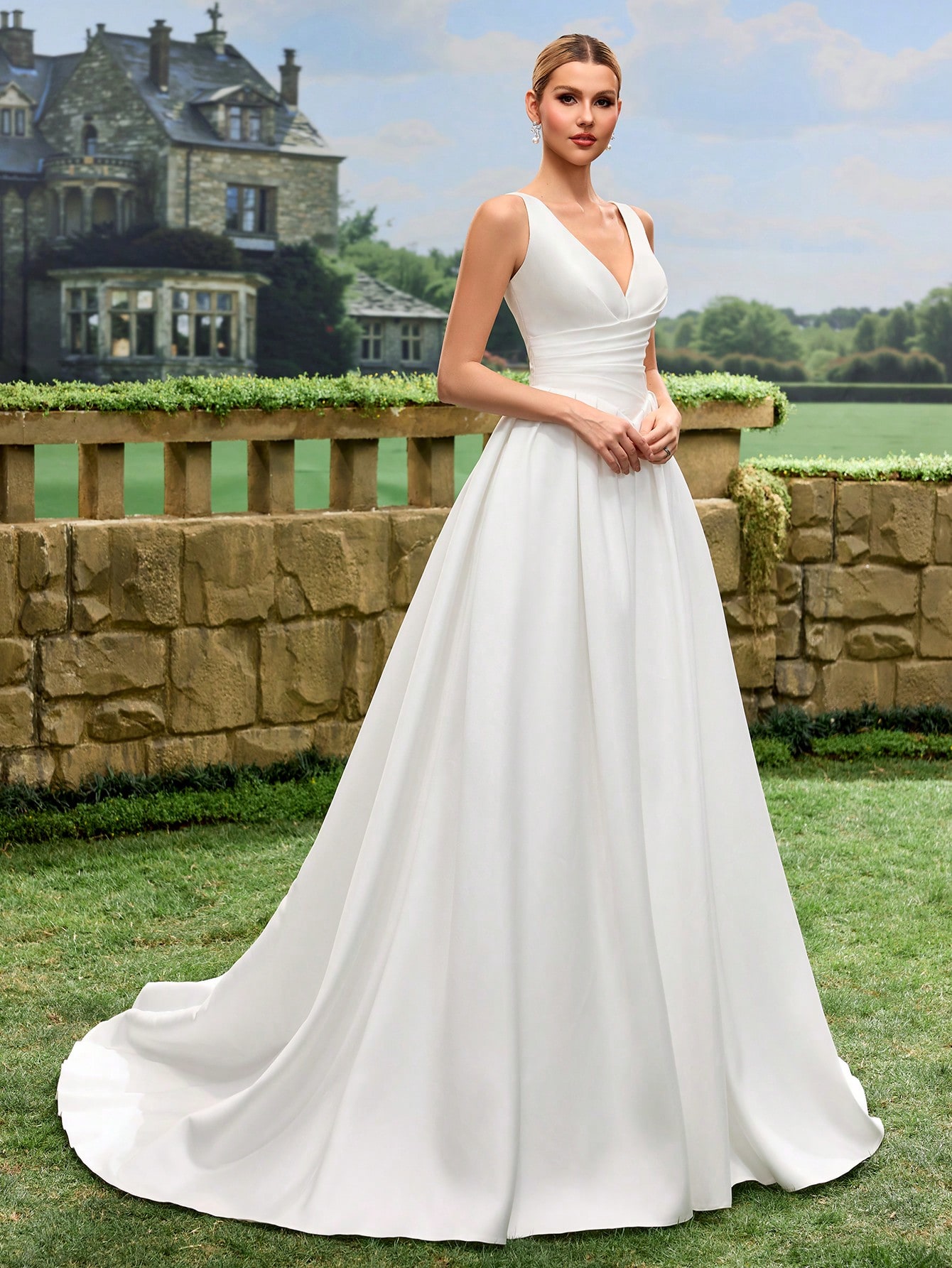 Col en V, Lacets, Satin, Traîne, Robe Trapèze, Mariage à l'église, Mariage au manoir, — vue 6