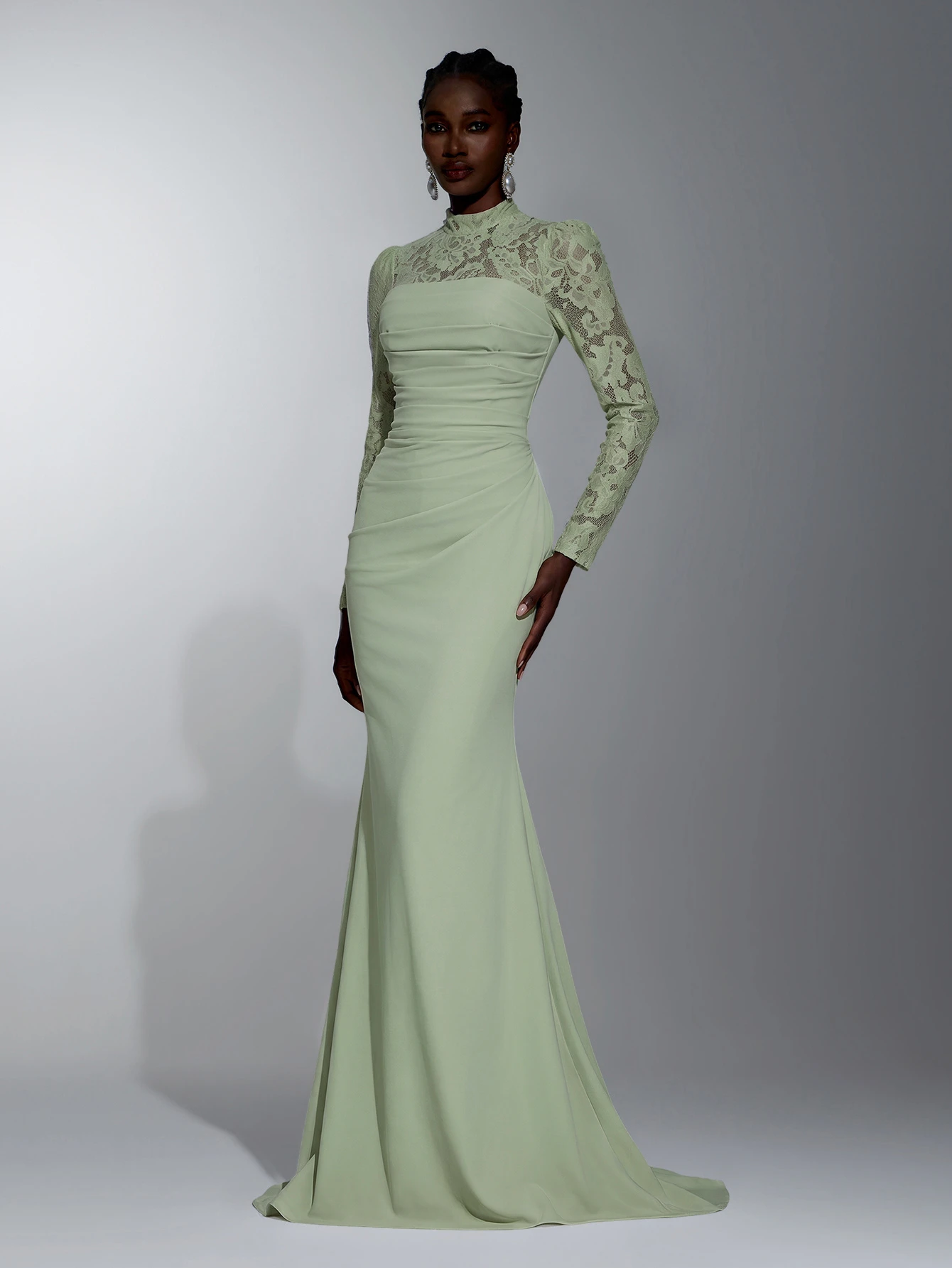 Elitara Robe longue élégante et luxueuse en dentelle transparente, col rond, manches — vue 10