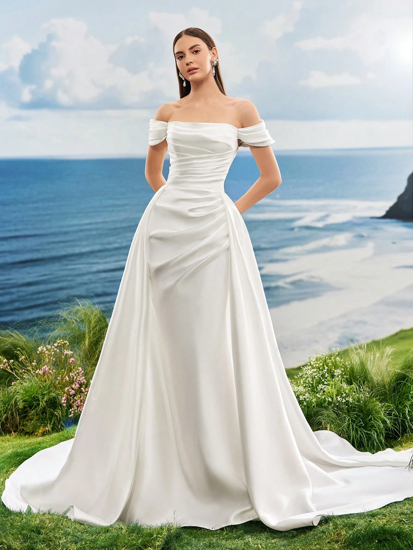 Satin, Épaules Dénudées, Traîne, Robe Trapèze, Mariage à l'Église, Mariage au Manoir, — vue 6