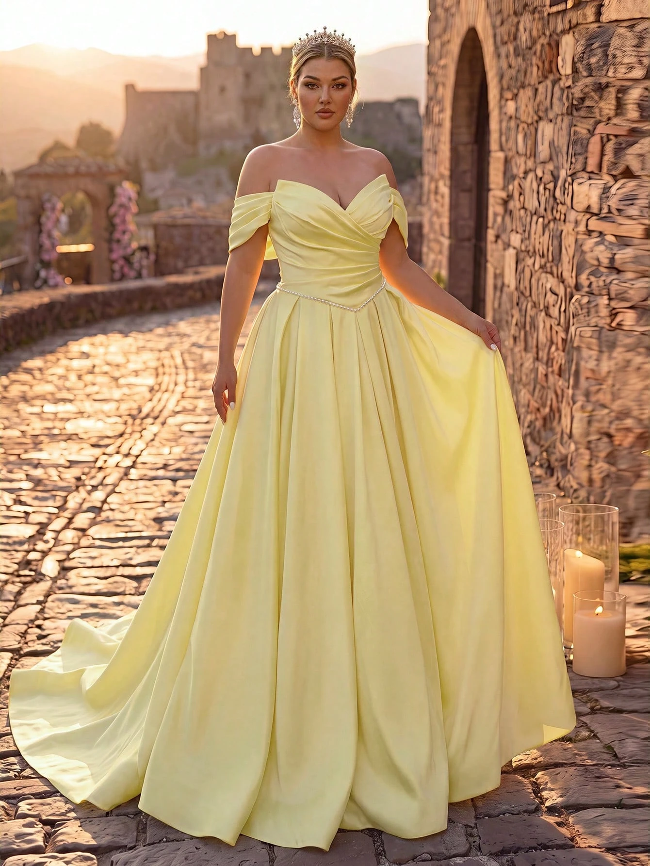 Glamrae Robe de mariée grande taille élégante et romantique style cour, col en V profond, — vue 2
