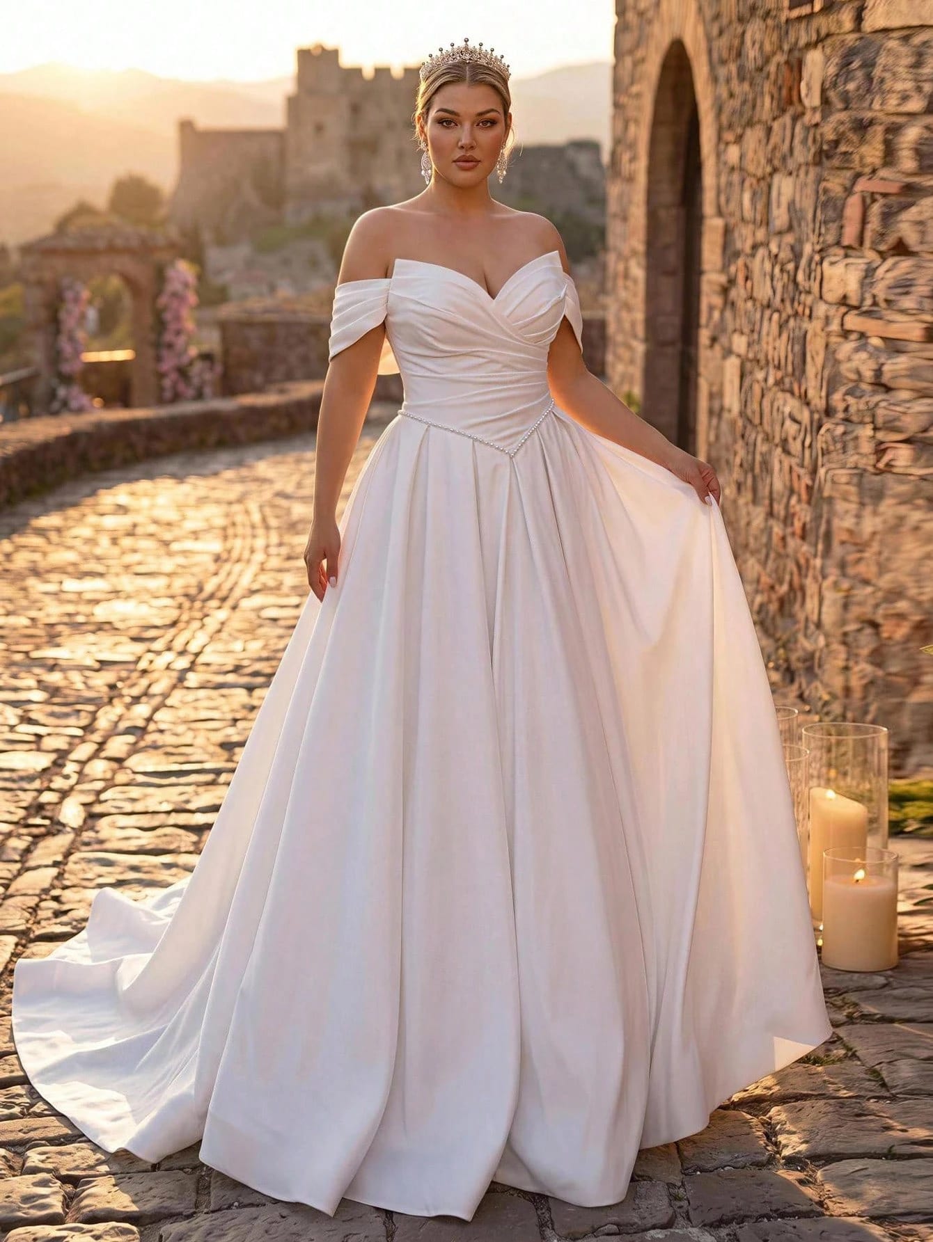 Glamrae Robe de mariée grande taille élégante et romantique style cour, col en V profond,