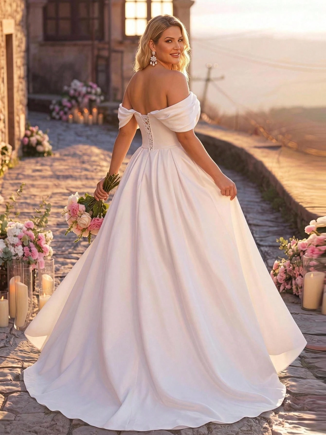Glamrae Robe de mariée grande taille élégante et romantique style cour, col en V profond, — vue 5