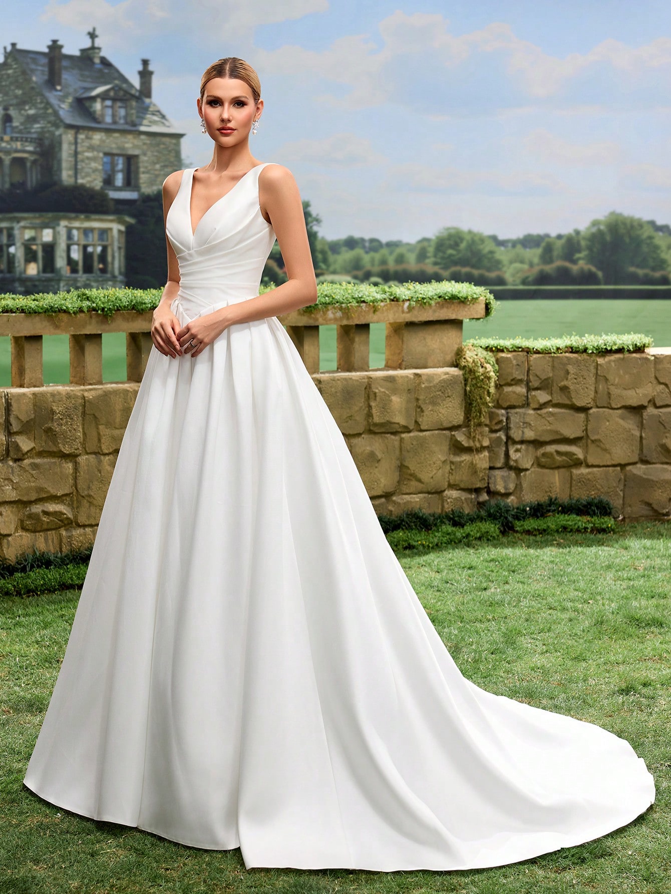 Col en V, Lacets, Satin, Traîne, Robe Trapèze, Mariage à l'église, Mariage au manoir, — vue 8