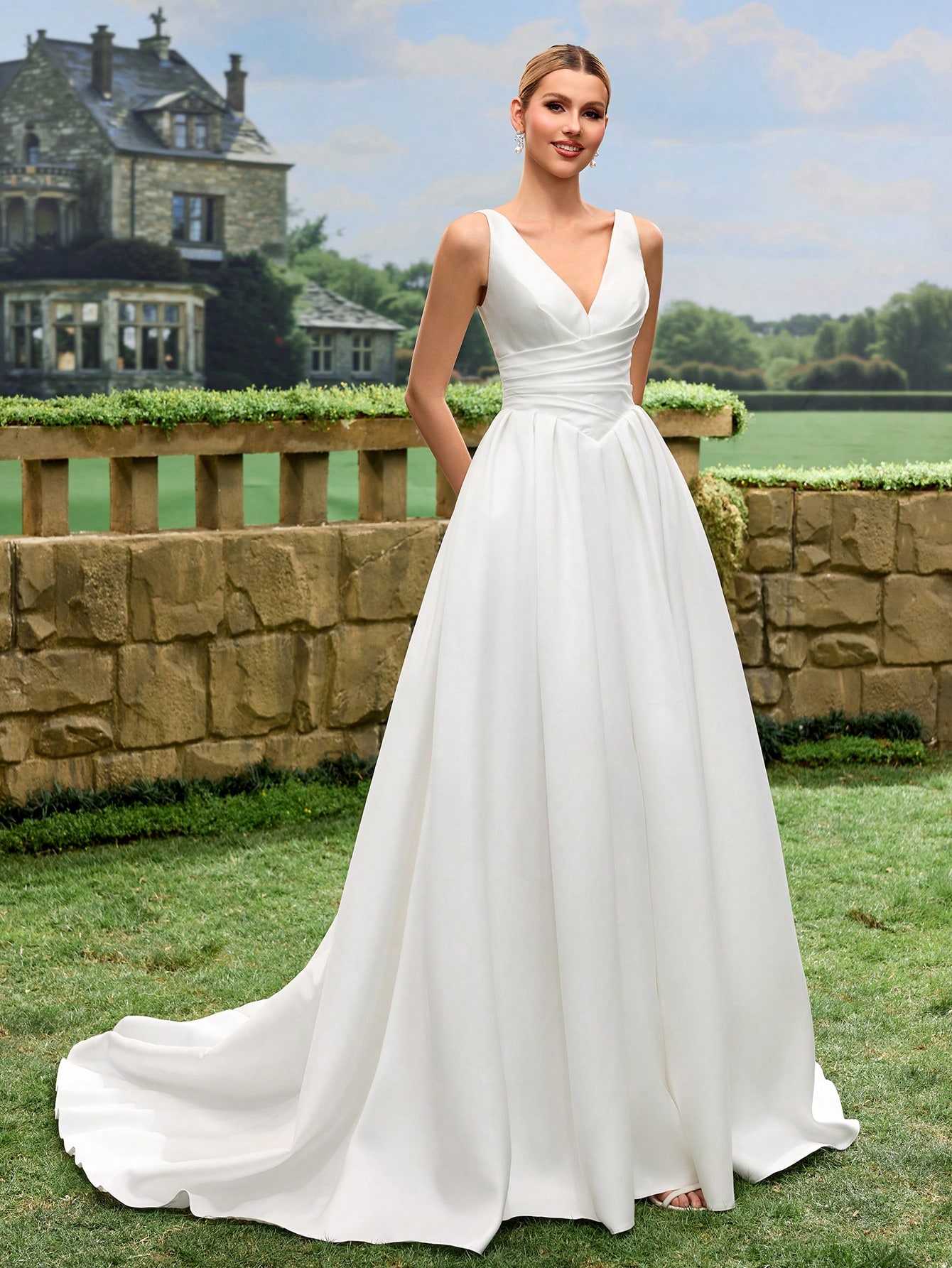 Col en V, Lacets, Satin, Traîne, Robe Trapèze, Mariage à l'église, Mariage au manoir, — vue 7