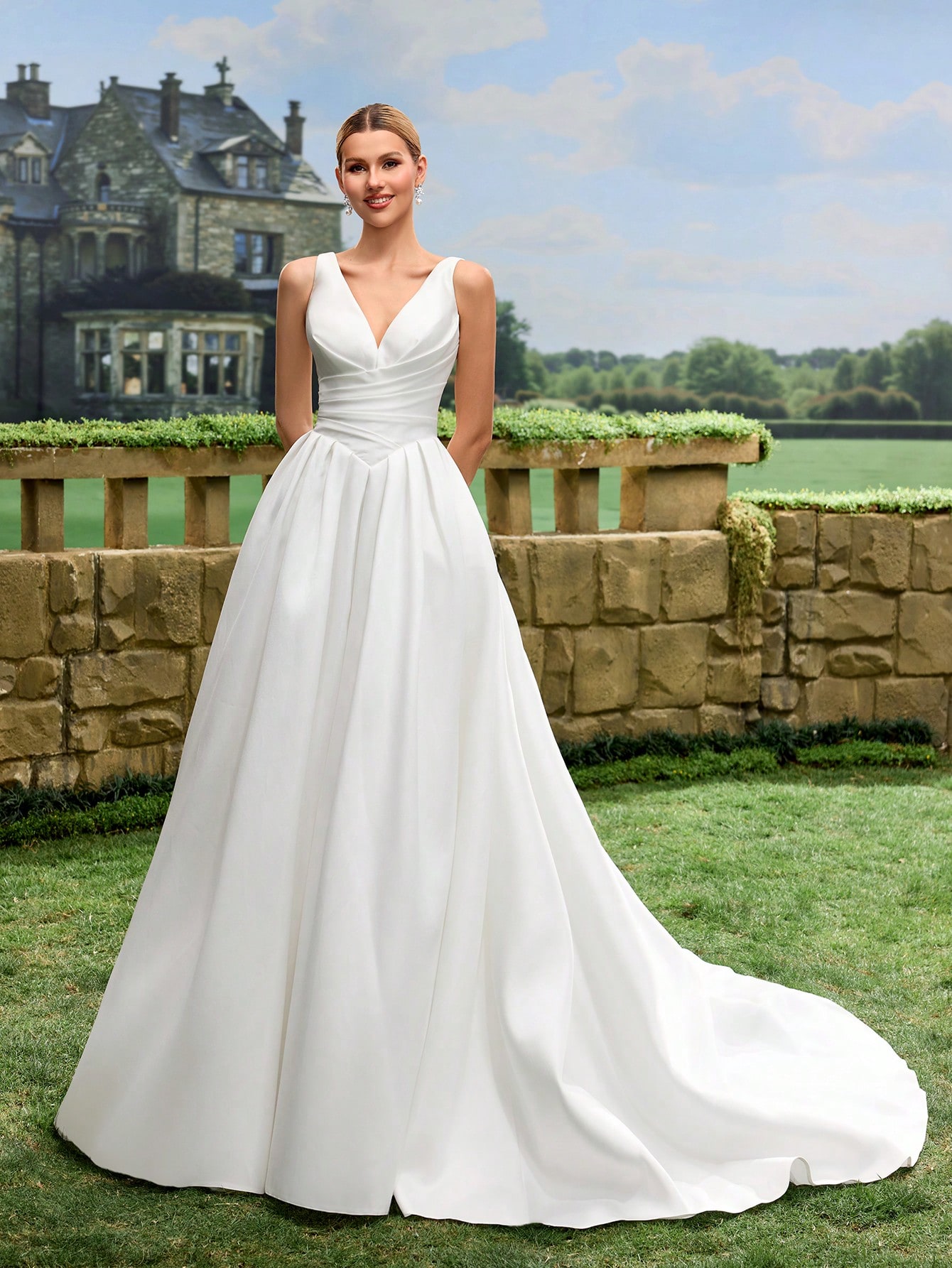 Col en V, Lacets, Satin, Traîne, Robe Trapèze, Mariage à l'église, Mariage au manoir, — vue 10