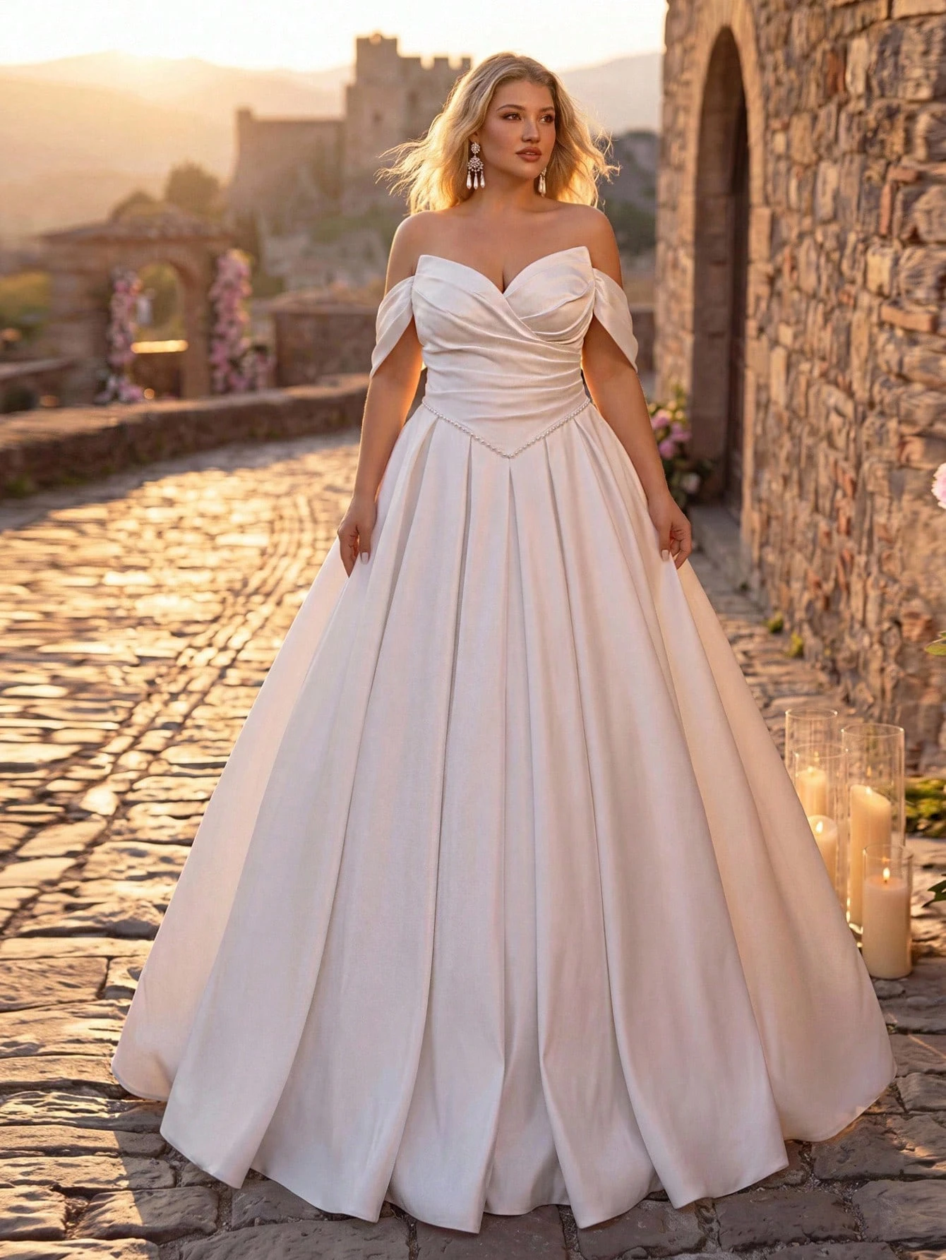 Glamrae Robe de mariée grande taille élégante et romantique style cour, col en V profond, — vue 9