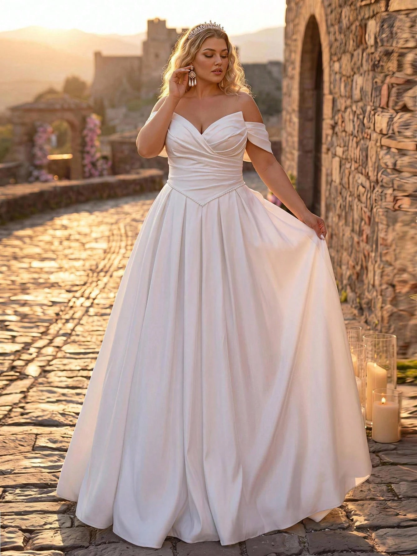 Glamrae Robe de mariée grande taille élégante et romantique style cour, col en V profond, — vue 11