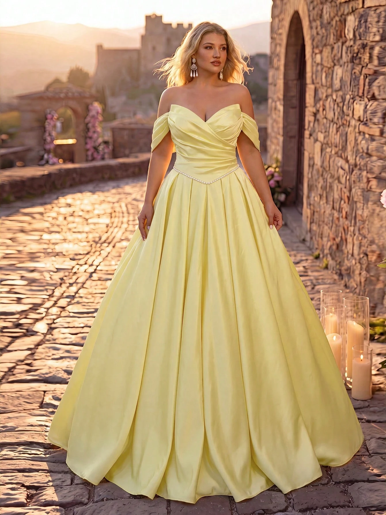 Glamrae Robe de mariée grande taille élégante et romantique style cour, col en V profond, — vue 10