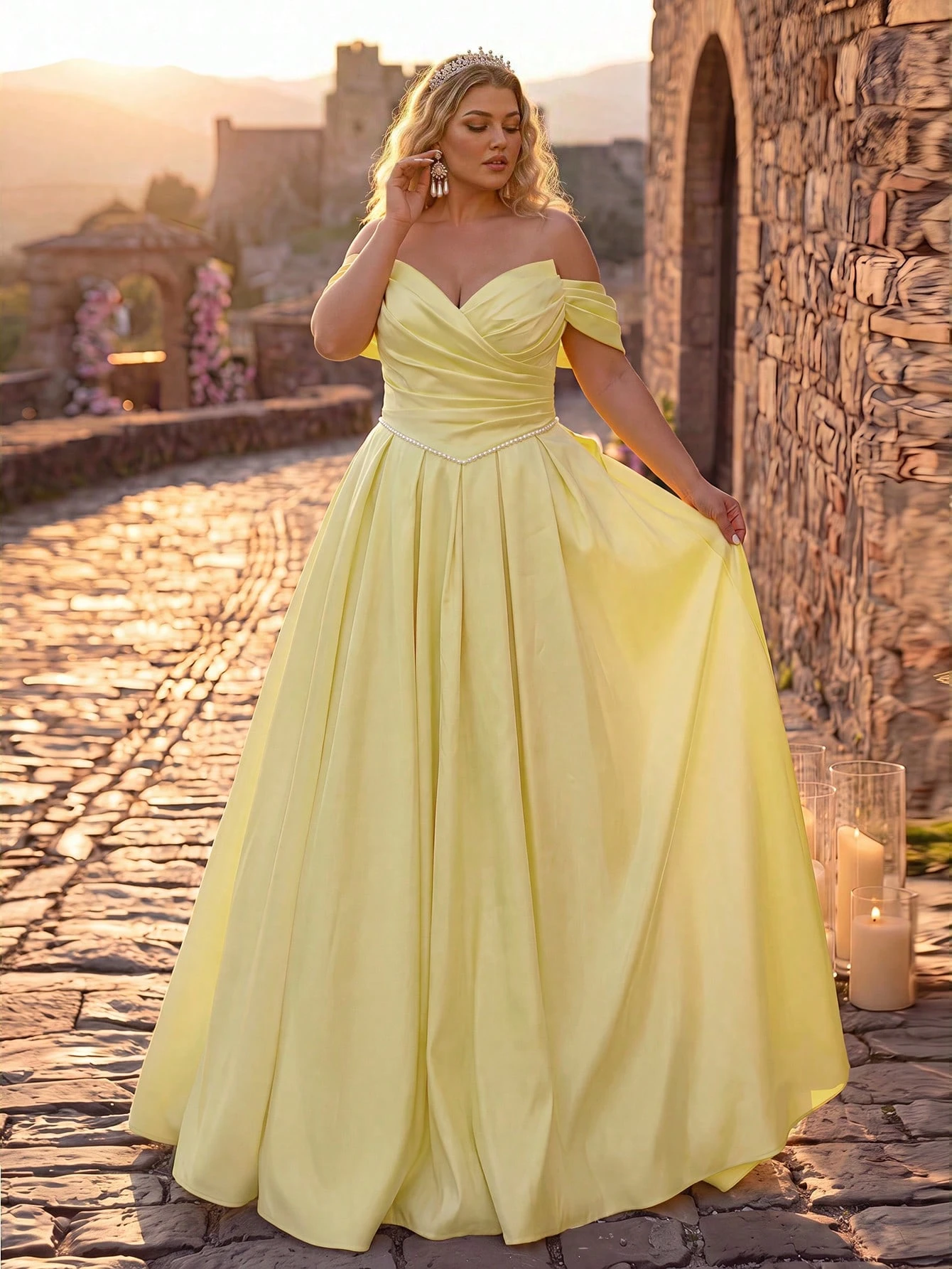 Glamrae Robe de mariée grande taille élégante et romantique style cour, col en V profond, — vue 12