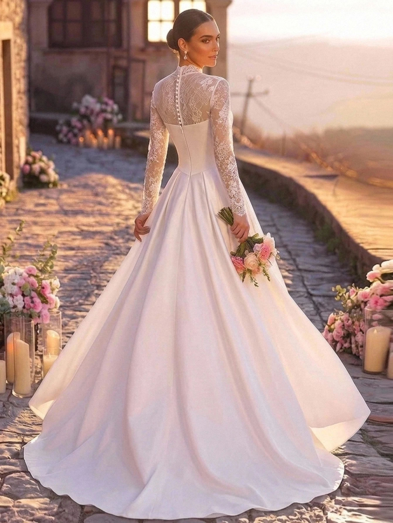 Aureia Robe de mariée élégante blanche en satin brillant avec patchwork romantique en — vue 7