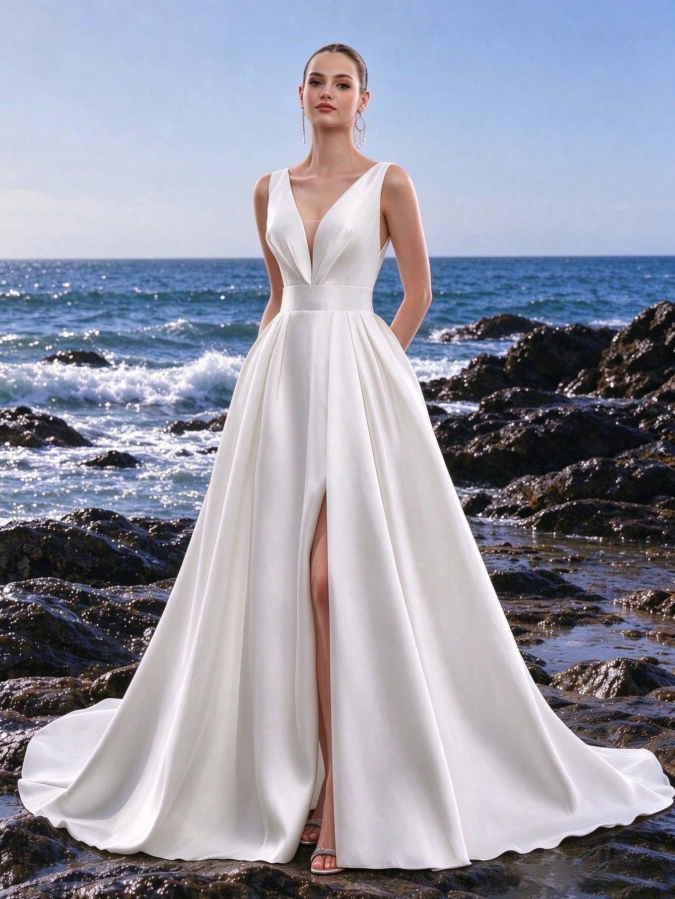 Col en V, Lacets, Satin, Fente Haute, Traîne, Robe Trapèze, Mariage à l'Église, Mariage